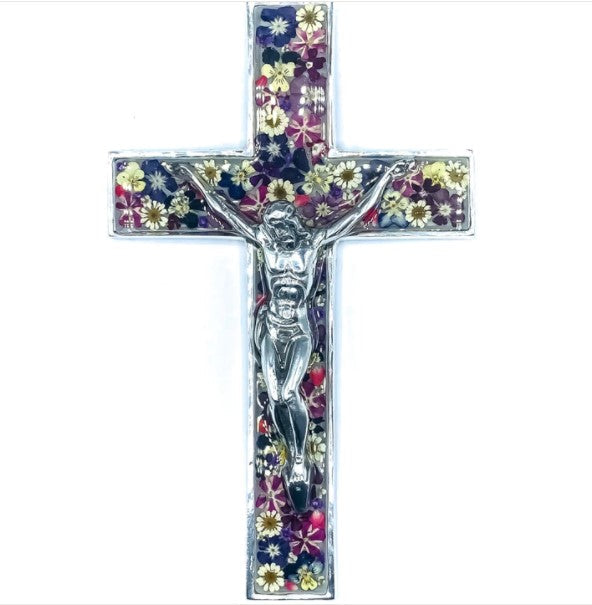 Crucifijo de pared con flores silvestres reales hecho a mano en México