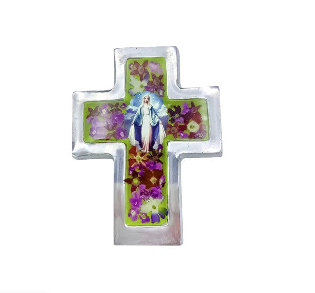 Cruz de flores prensadas de la Virgen de Gracia de 2,4" x 3,5"