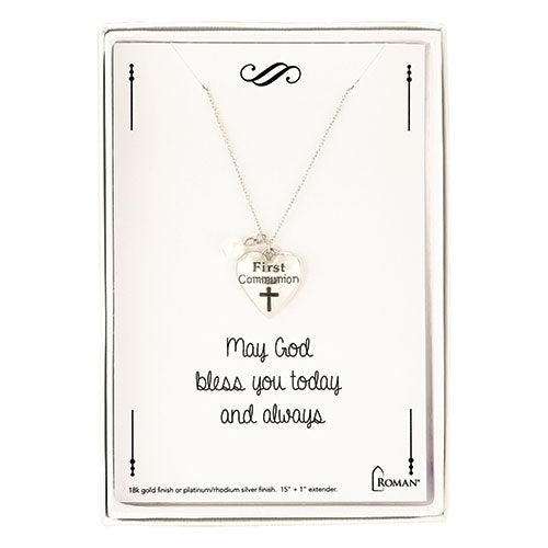 Roman Cross Heart Silver Tone 15 inch Brass and Zinc Metal First Communion Necklace