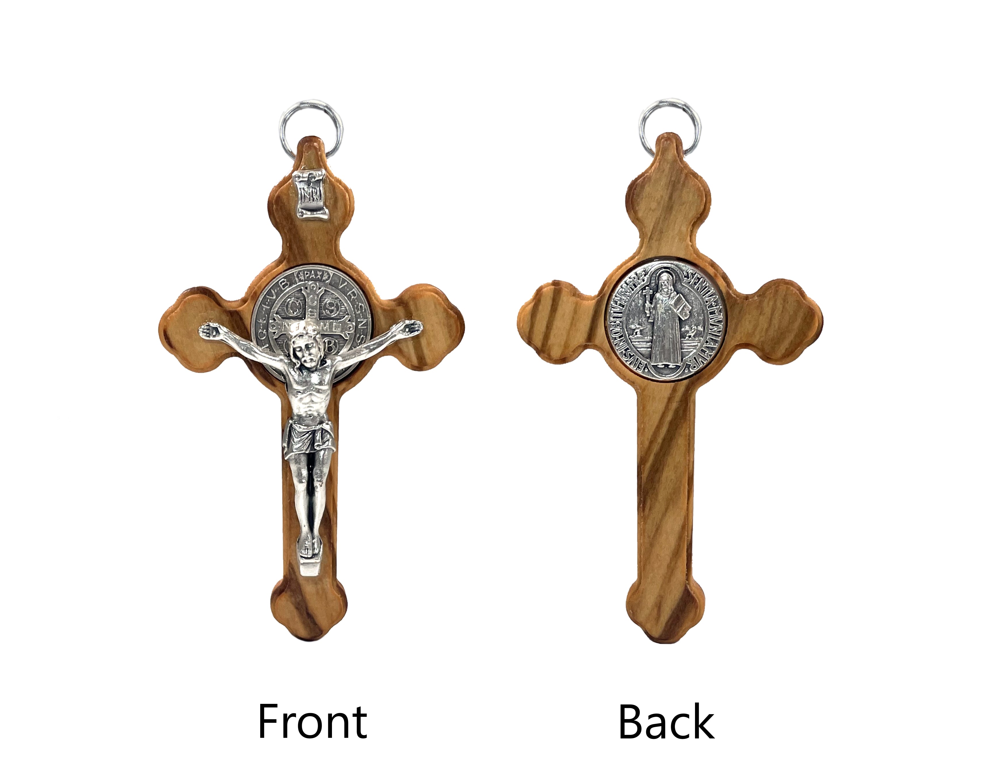 Crucifijo de madera con Corpus de plata oxidada y medalla de San Benito 3.0"