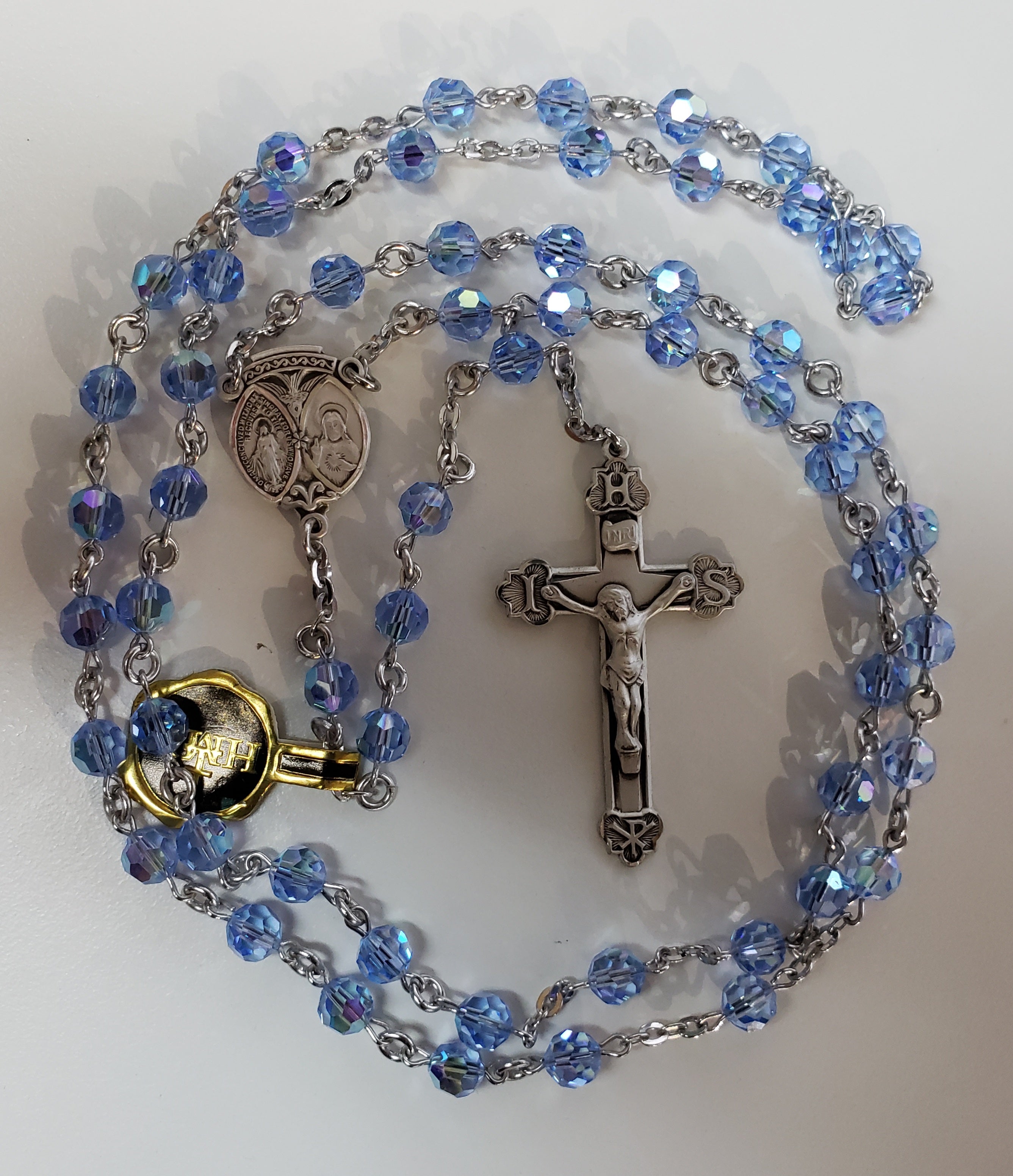 Rosario de cristal de zafiro claro Swarovski de 6 mm con centro y centro de plata esterlina