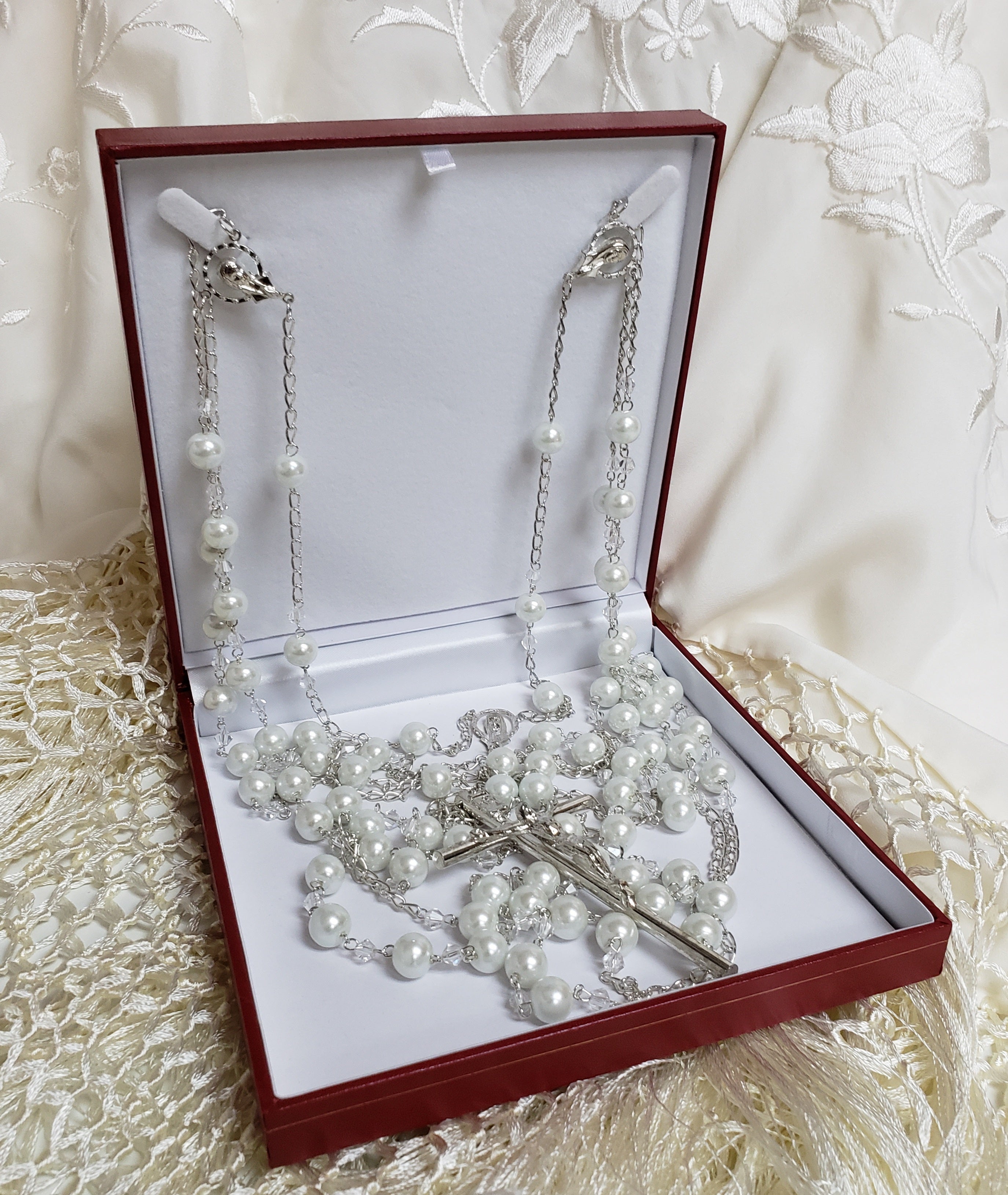 Rosario de Bodas de Perlas de Plata Lazo - Lazo de Bodas de Perlas