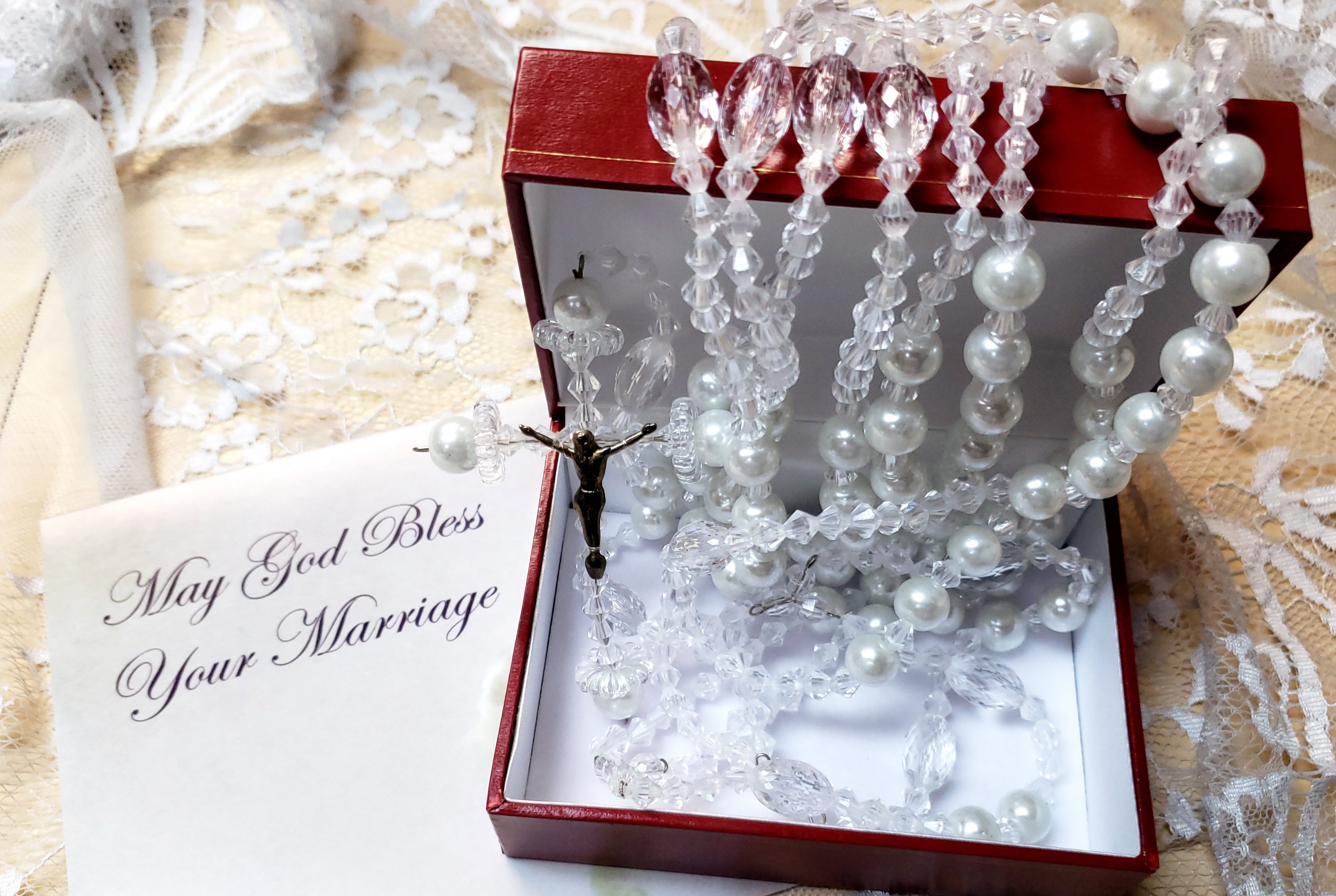 Lasso Wedding Rosary Pearl & Crystal - Rosario de Bodas Perla y Cristal