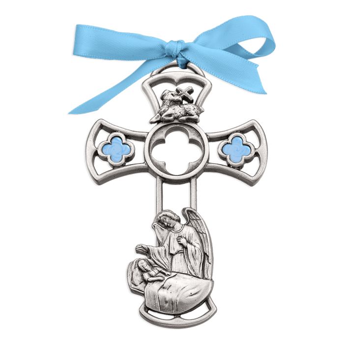 Cruz de peltre auténtica con forma de ángel de la guarda de 2 3/8" x 3 3/4"
