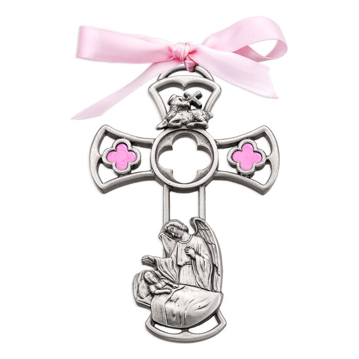 Cruz de peltre auténtica con forma de ángel de la guarda de 2 3/8" x 3 3/4"