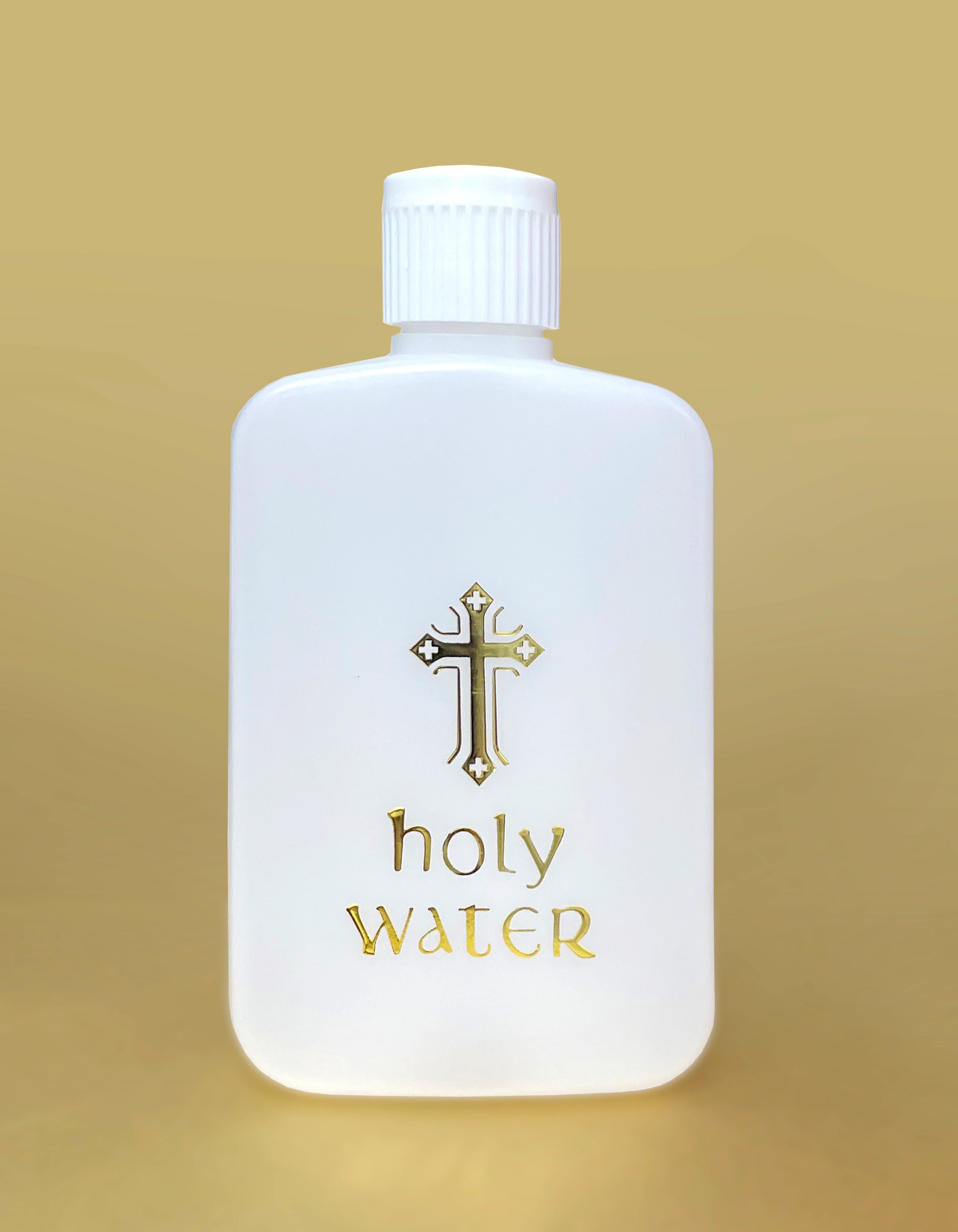 Botella de plástico para agua bendita con detalles dorados y diseño de tapa de seguridad.