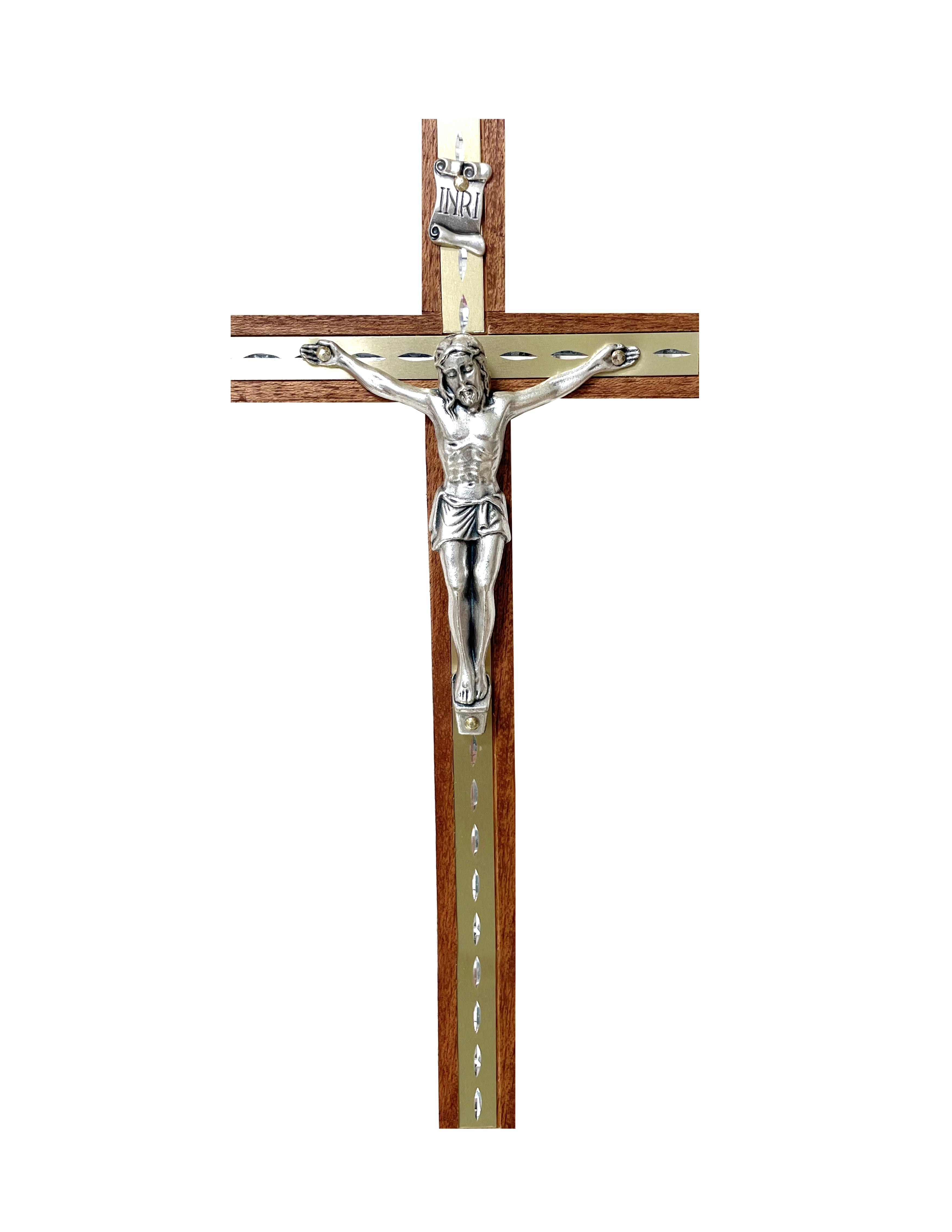 Crucifijos de madera con línea dorada y cuerpo de metal plateado con base de pie y para pared