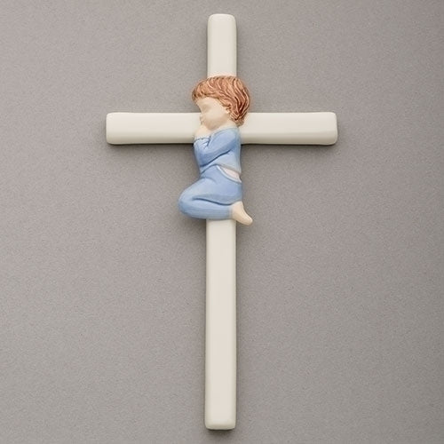 Cruz de pared de porcelana blanca esmaltada pintada a mano de 7,5 pulgadas con oración azul en azul