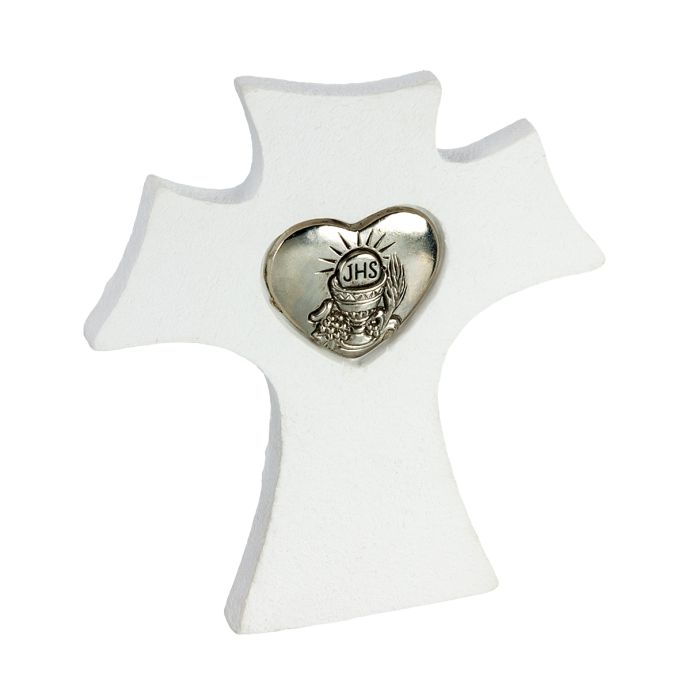 Cruz de comunión blanca con inserto plateado