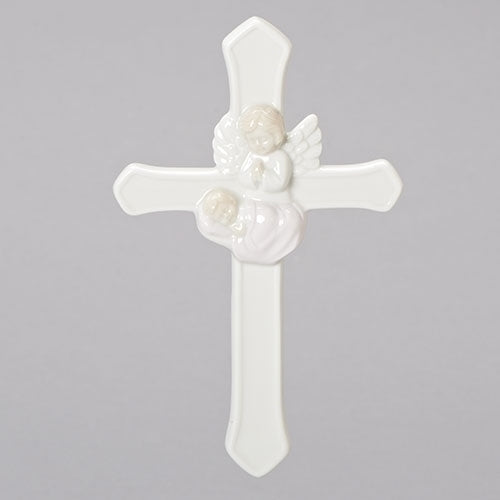 Cruz Blanca de Ángel de la Guarda de Valencia de 7,25" para Niña de Porcelana para Bautismo y Recién Nacido