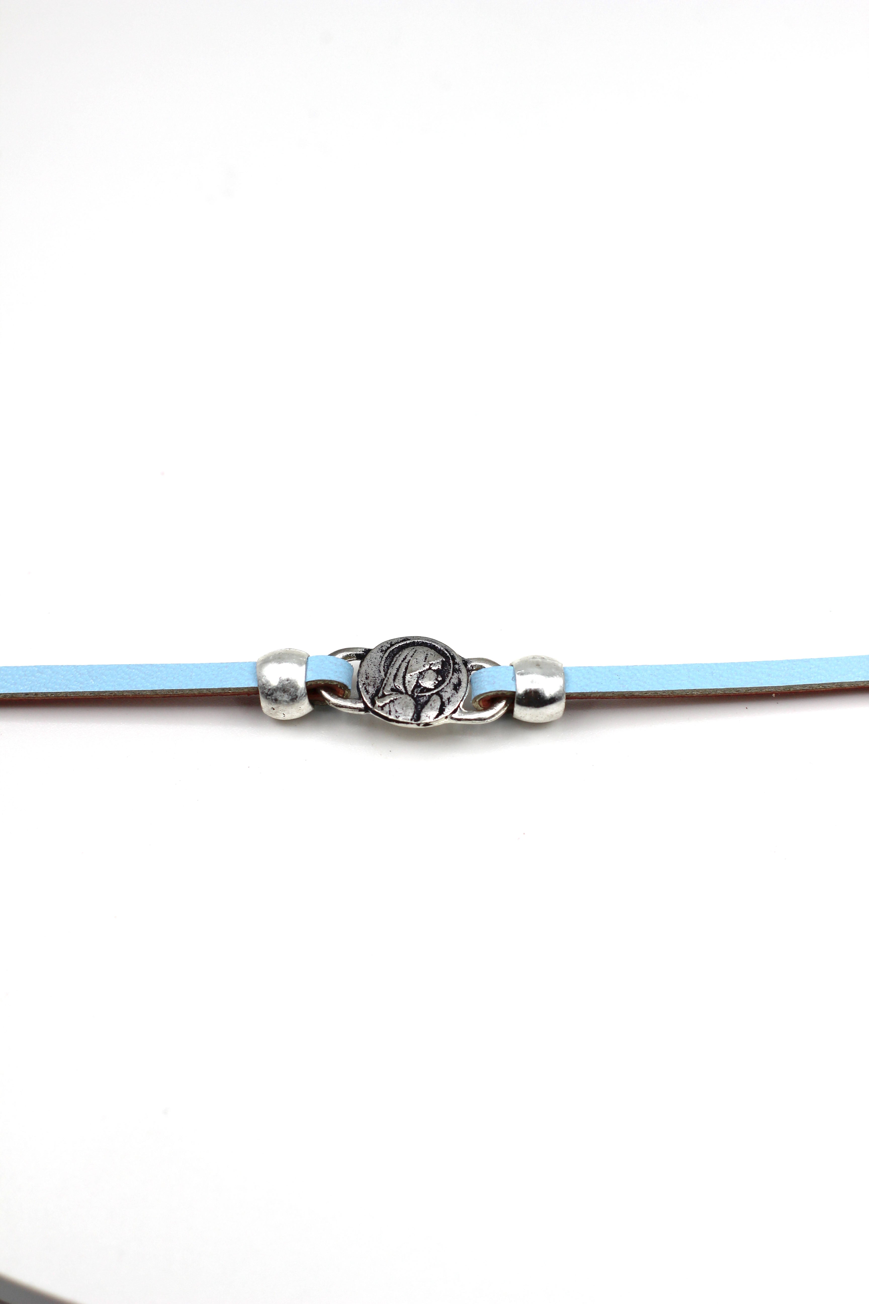 Girl Bracelet of Young Virgin Mary handmade jewelry with a Single Leather Strap by Graciela's Collection