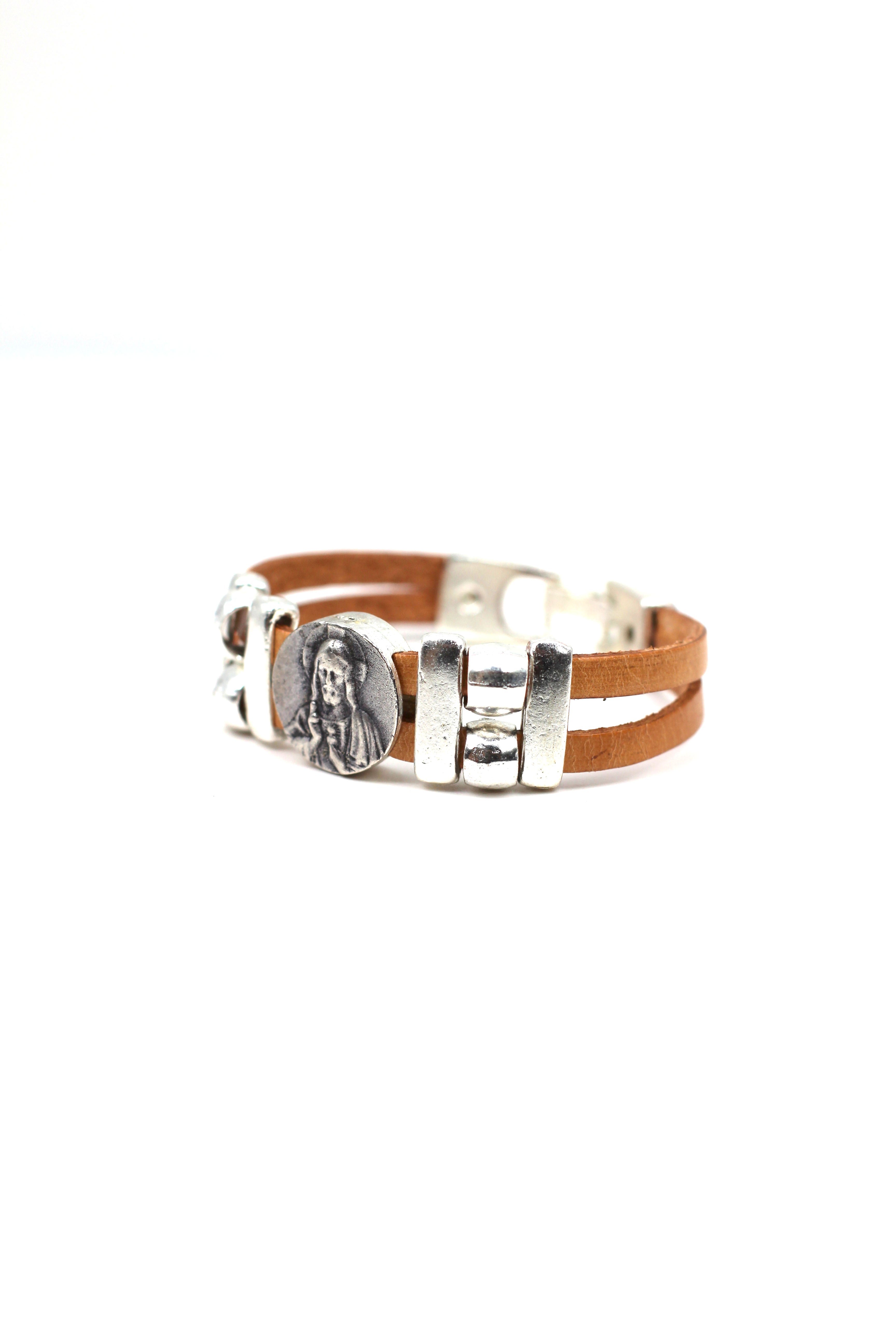 Vintage Sacred Heart bracelet handmade jewelry with Genuine Double Leather straps by Graciela's Collection