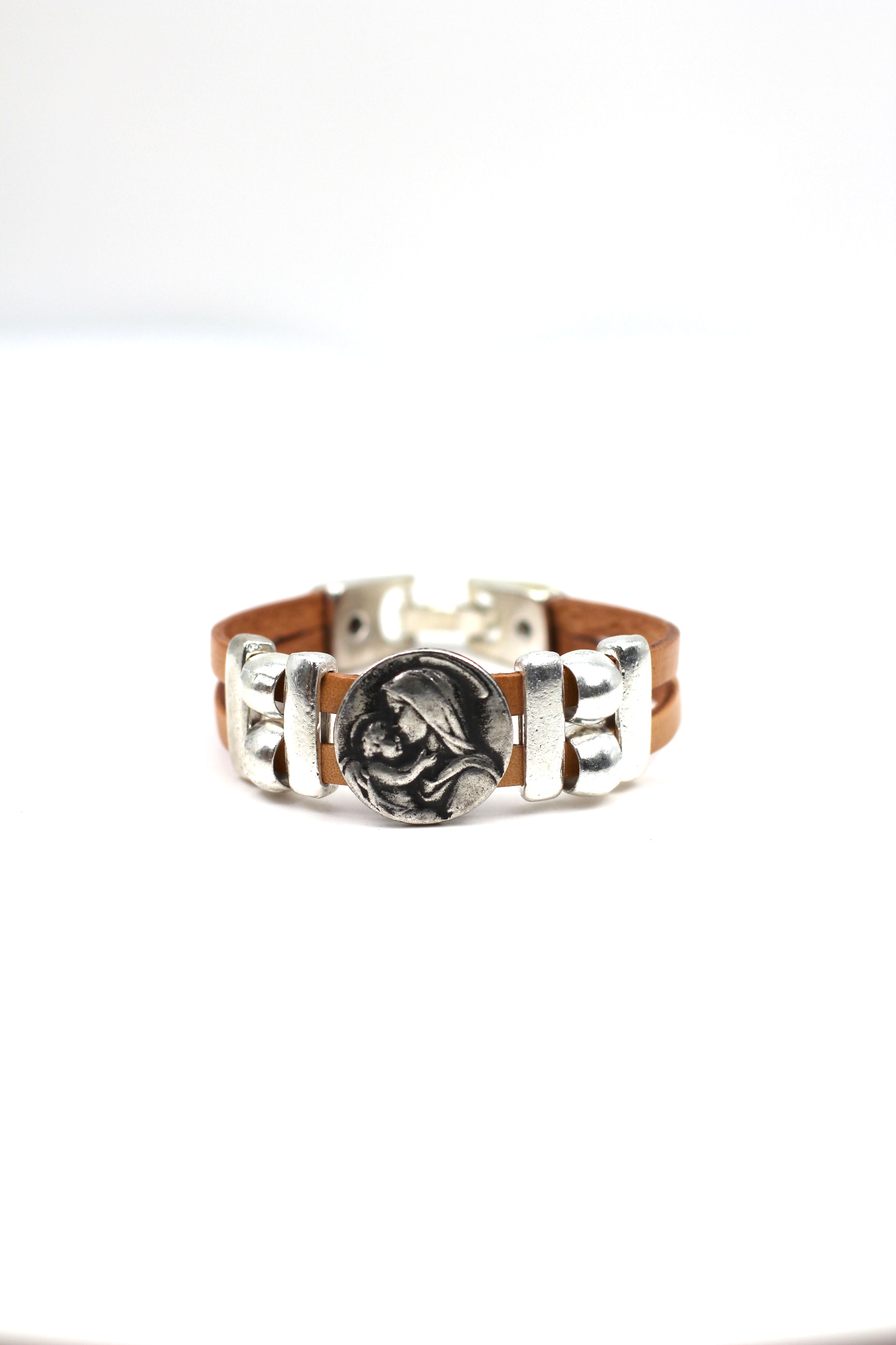 Bracelet of The Madonna and Child Jesus bracelet handmade jewelry with Double Leather Straps by Graciela's Collection