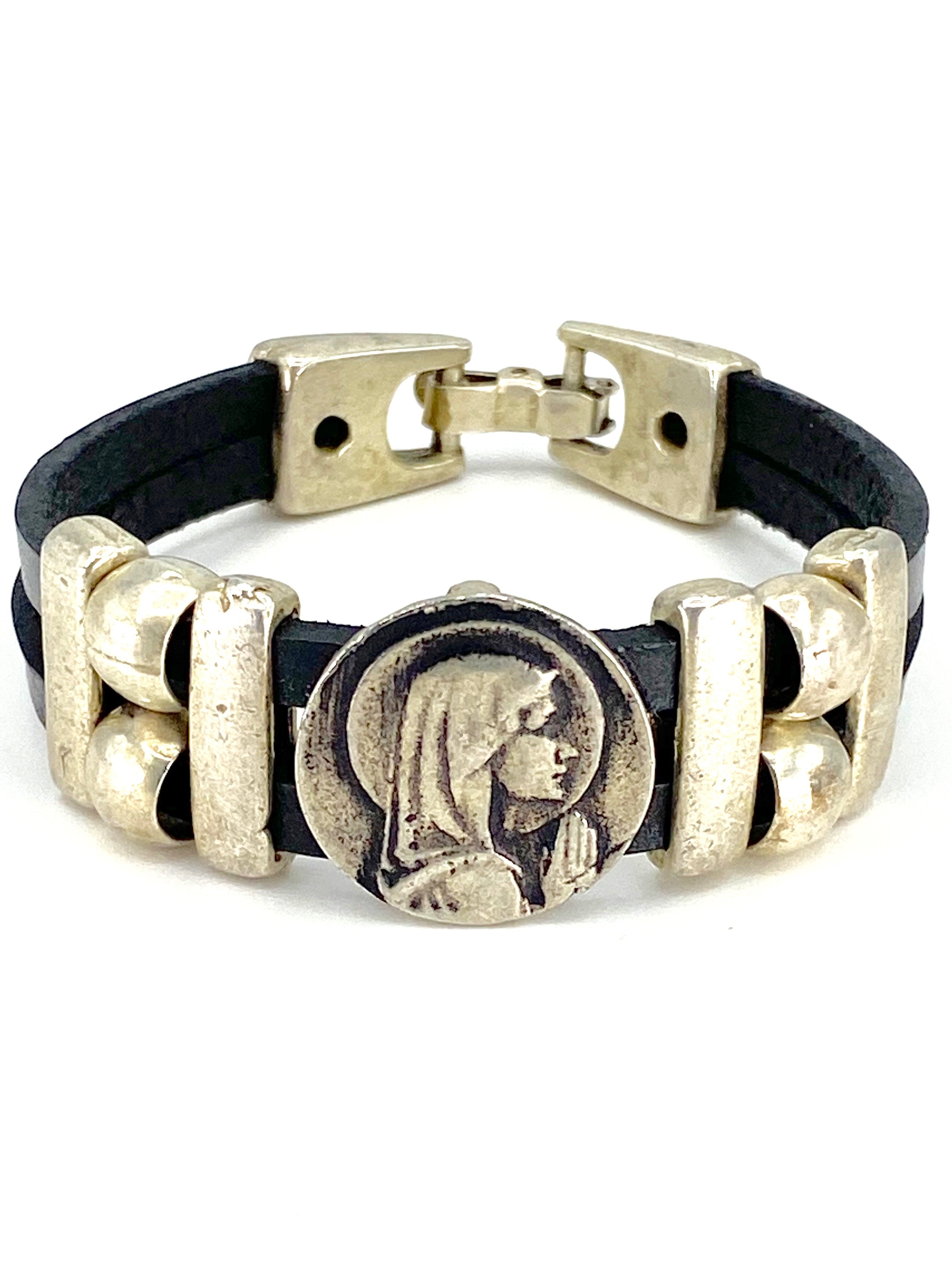 Pulsera Virgen María Vintage joyería artesanal con Doble Correa de Piel de Graciela's Collection