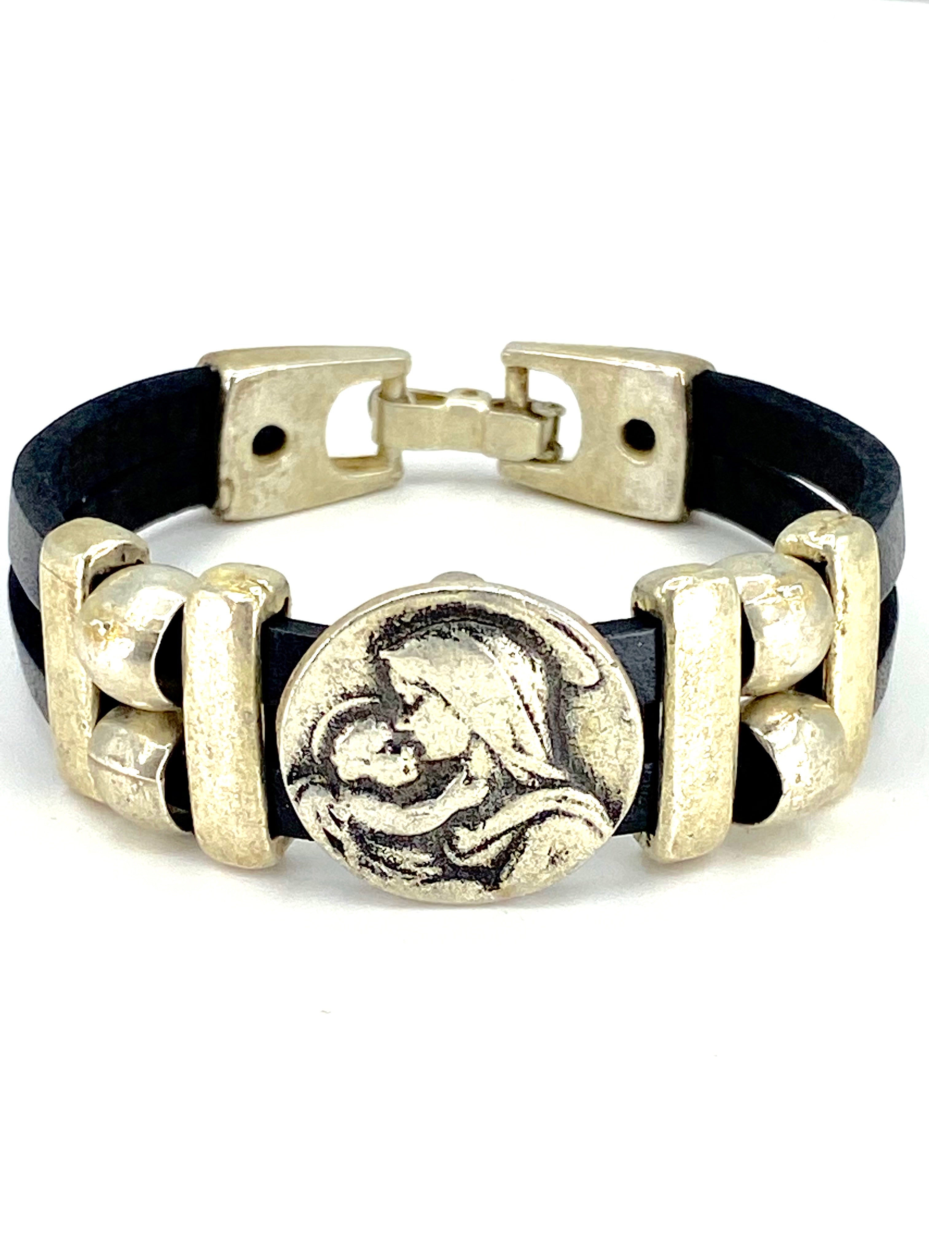 Pulsera de La Virgen y el Niño Jesús pulsera joyería hecha a mano con Doble Tira de Cuero de la Colección Graciela