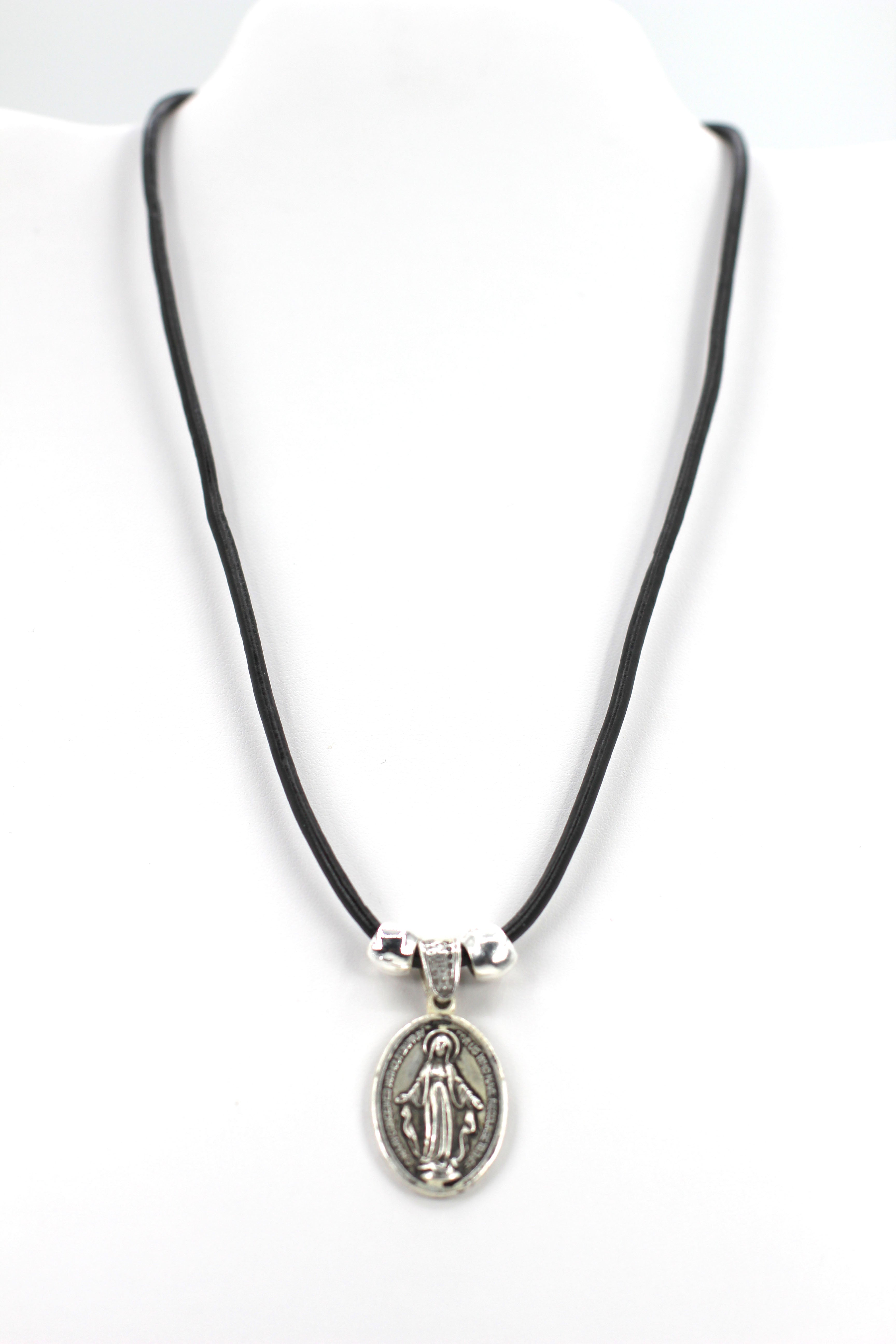 Vintage Necklace of The Miraculous Virgen Mary Handmade Oval Shape Jewelry with Genuine Leather strap by Graciela's Collection