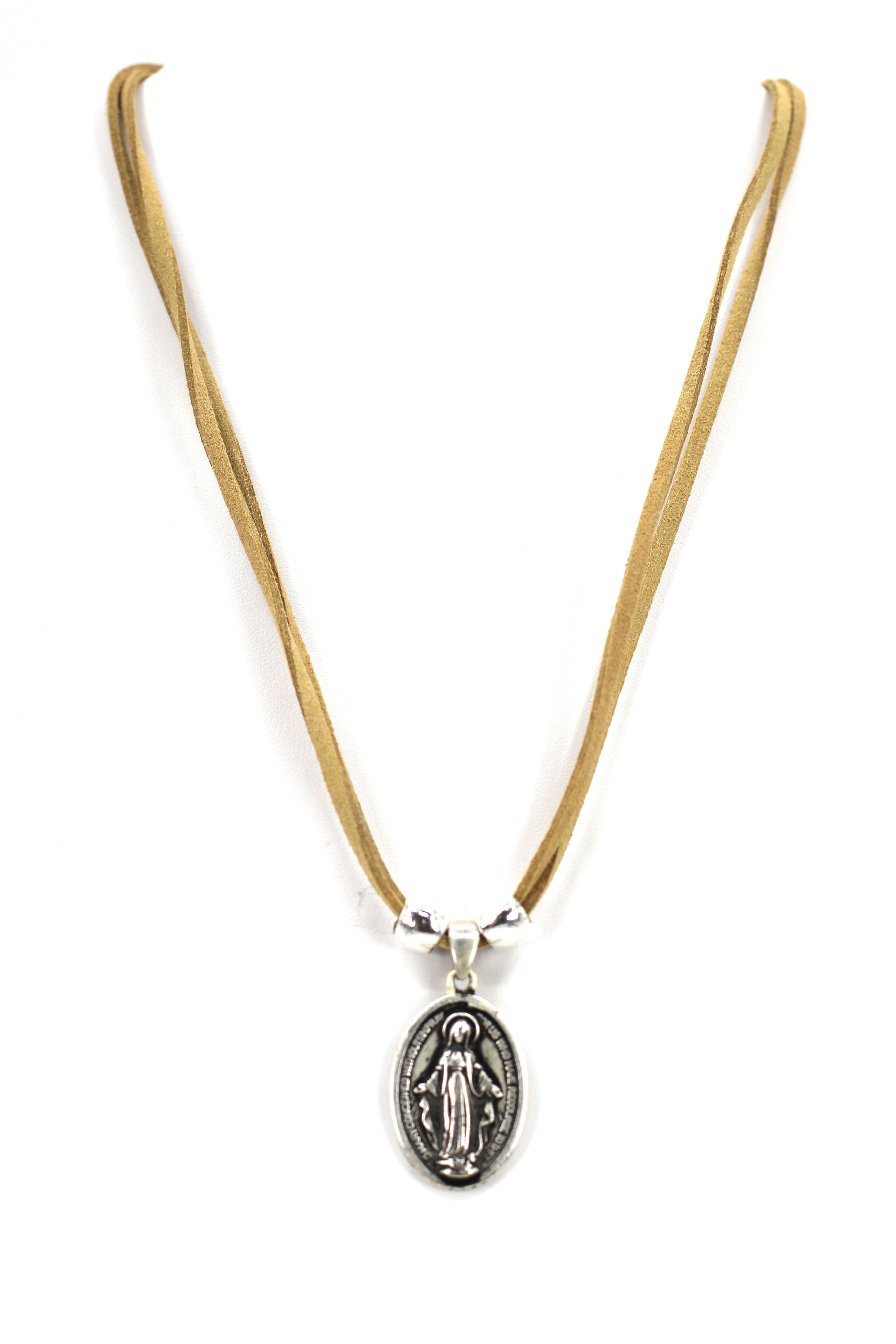 Vintage Necklace of The Miraculous Virgen Mary Handmade Oval Shape Jewelry with Genuine Leather strap by Graciela's Collection