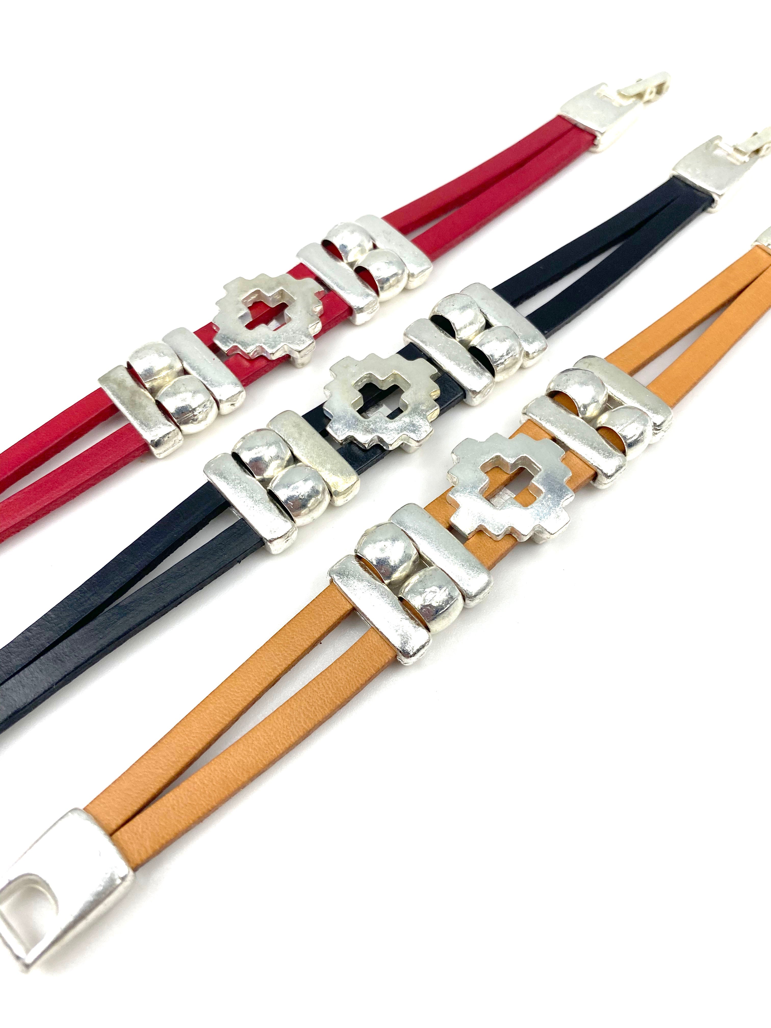 Vintage Cross Necklace and Bracelet Set Handmade Jewelry in Argentina with Genuine Leather Strap by Graciela's Collection