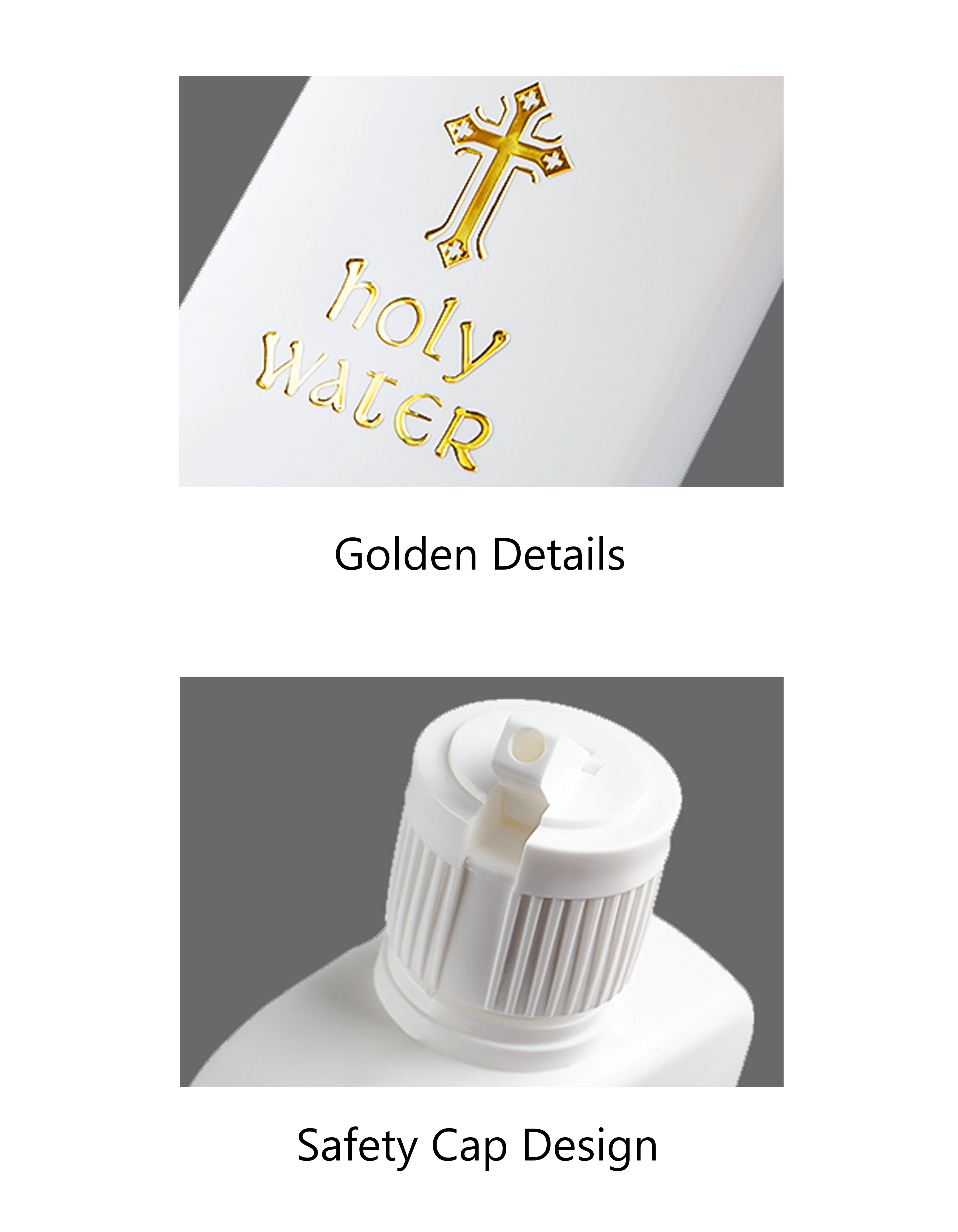 Paquete de 6 botellas de plástico para agua bendita con detalles dorados y diseño de tapón de seguridad