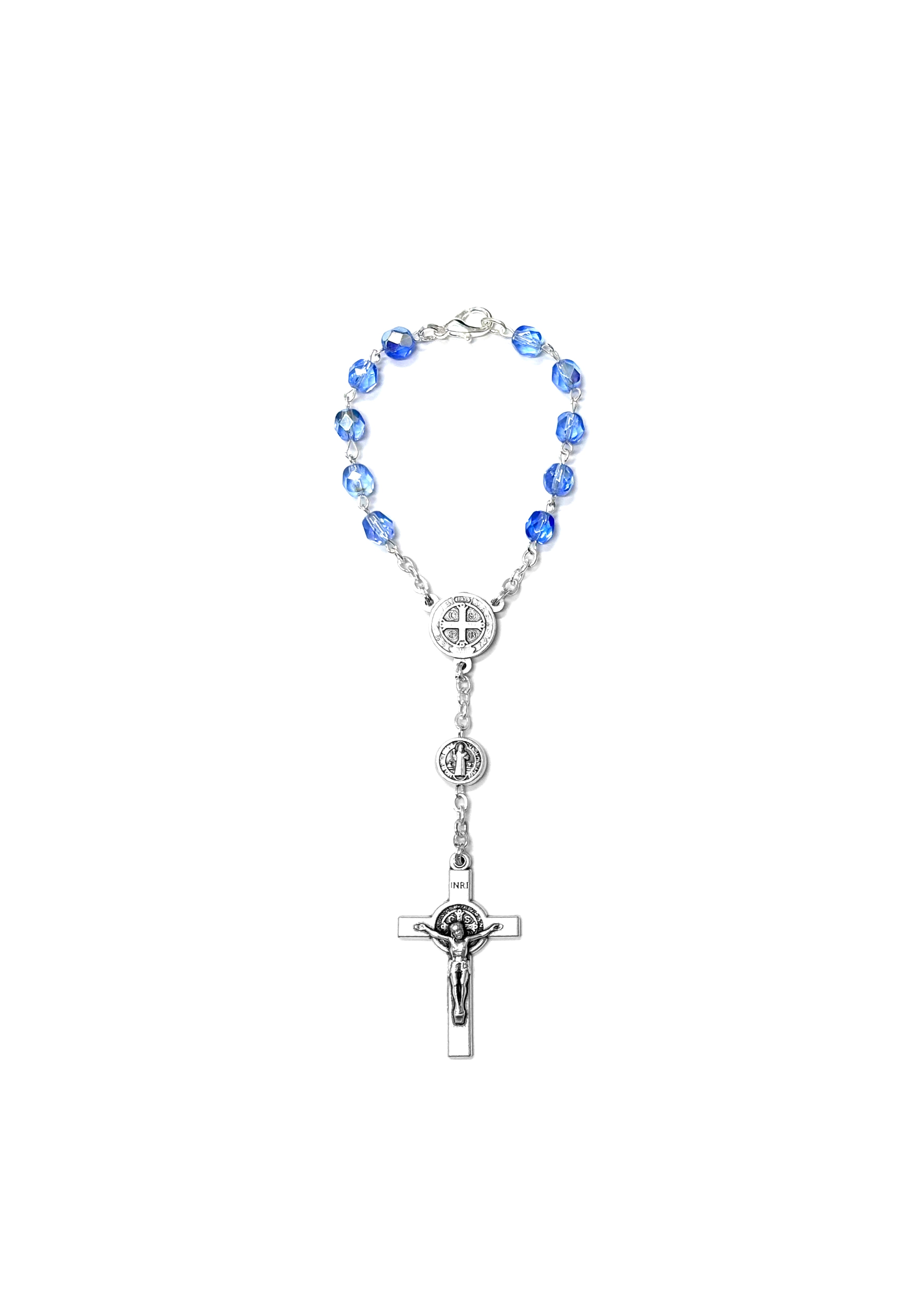 Rosario para coche de cristal azul con medalla y cruz de San Benito