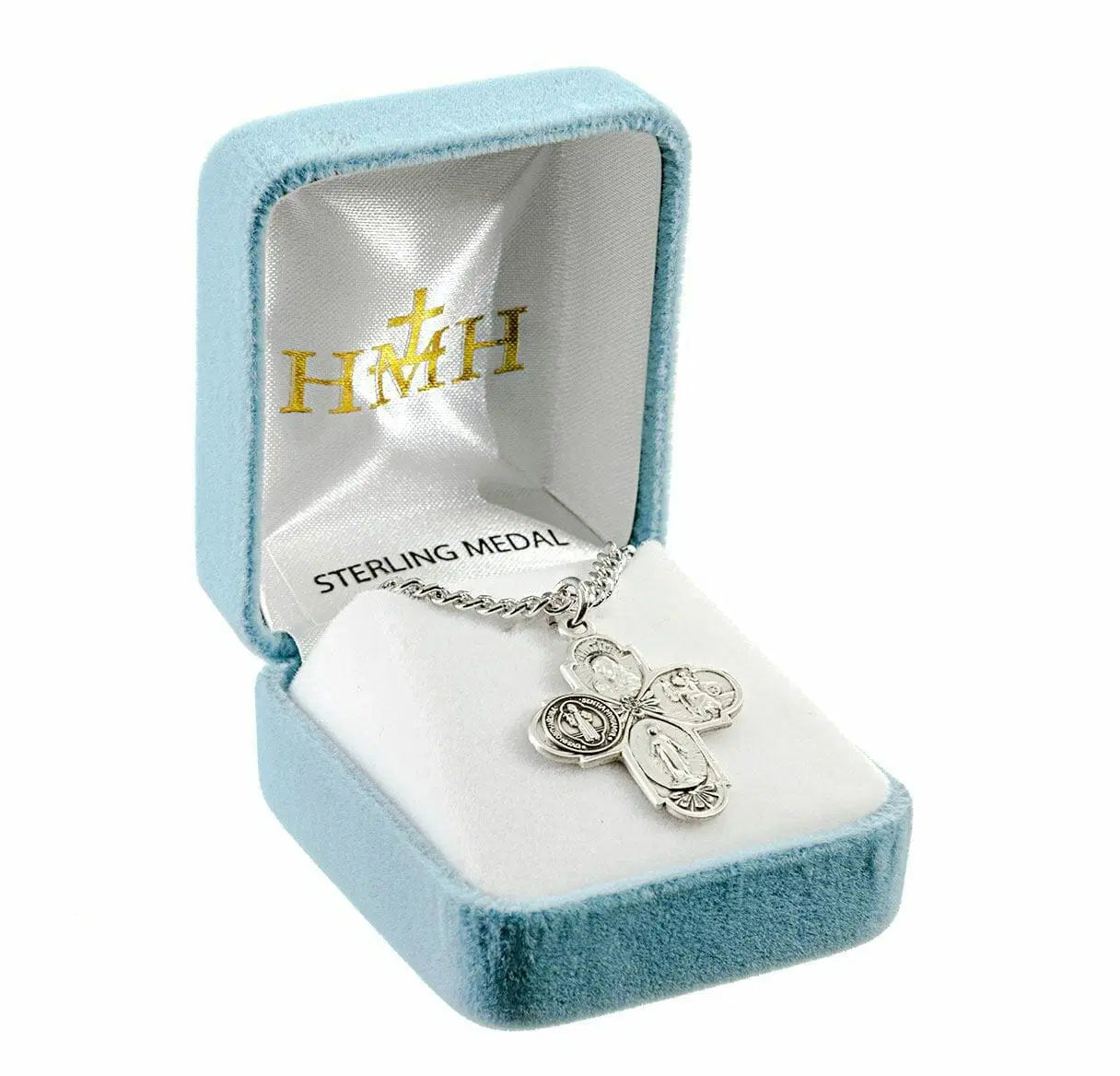 Sterling Silver Saint Benedict Four Way Medal with Flower Center 24" Ch