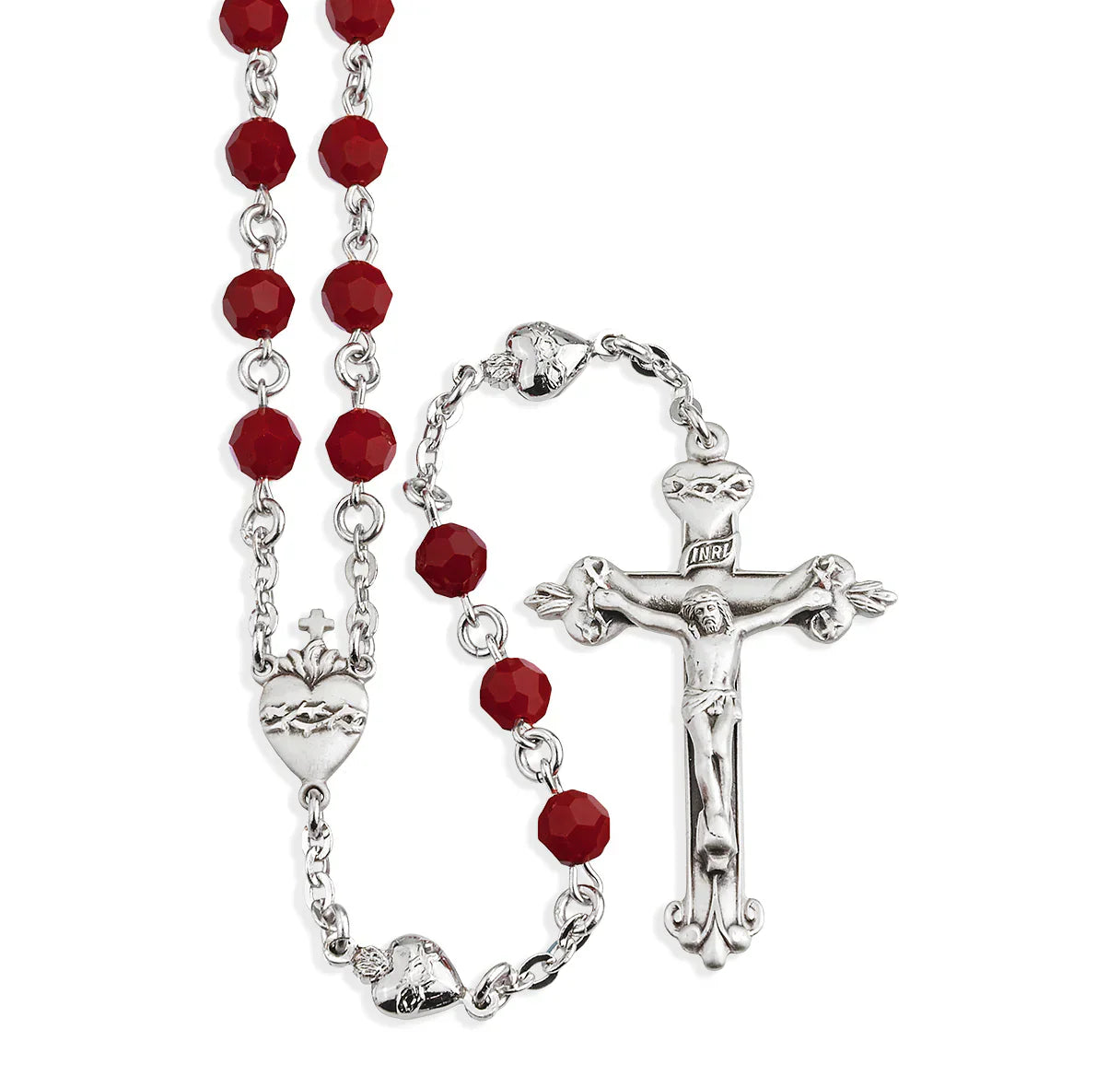 Rosario de plata de ley con cristales Swarovski de color rojo coral redondo