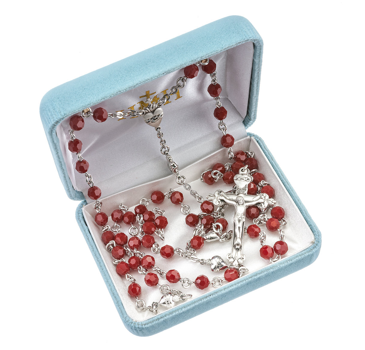 Rosario de plata de ley con cristales Swarovski de color rojo coral redondo