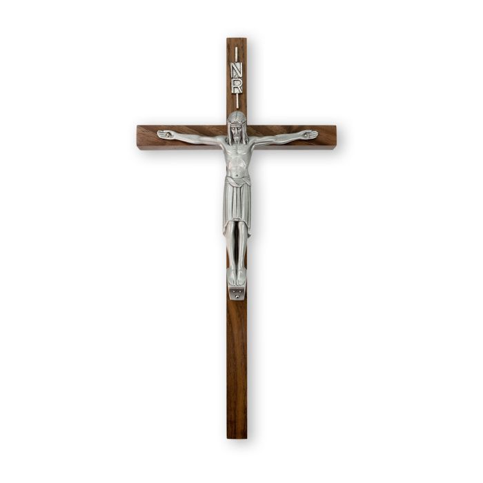 Cruz de nogal de 12" con cuerpo de peltre