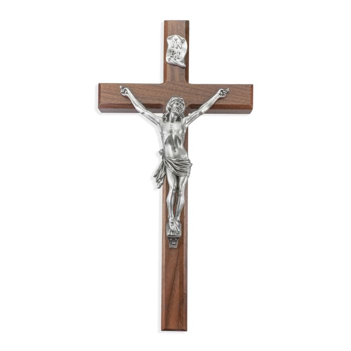 Cruz de nogal de 15" con cuerpo de peltre