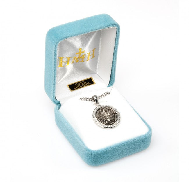 Saint Benedict Round Sterling Silver Medal with Cubic Zircons