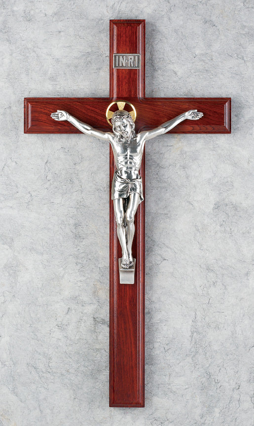 Cruz de palo rosa auténtica con cuerpo de Salerni plateado, 15″.