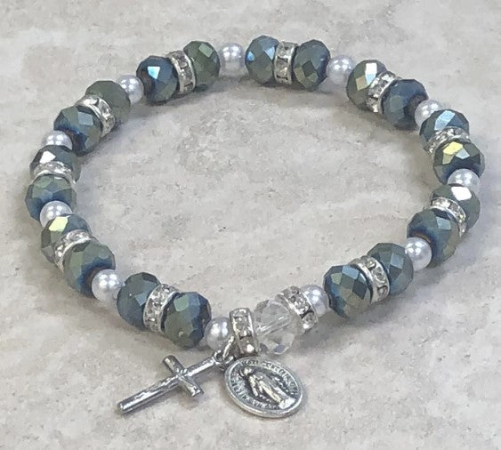 Sparkle Bead Rosary Bracelet with Strass Crystals. Miraculous Medal and Crucifix.