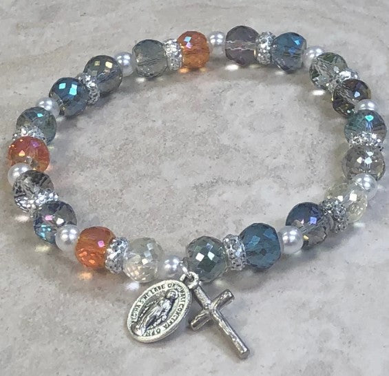 Sparkle Bead Rosary Bracelet with Strass Crystals. Miraculous Medal and Crucifix.