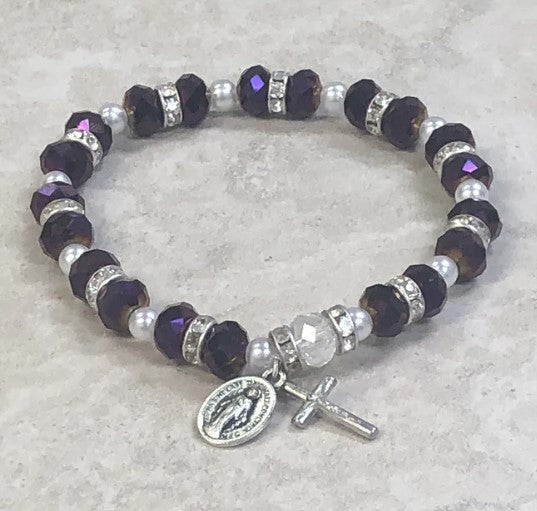 Sparkle Bead Rosary Bracelet with Strass Crystals. Miraculous Medal and Crucifix.