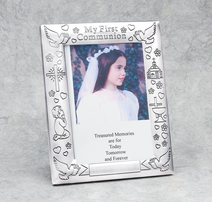 7 Inch Quality Silver Tone Etched First Communion Frame (engraveable)