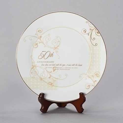 Plato de porcelana con soporte para el 50.º aniversario de bodas "Love Sees with the Heart" de Roman 