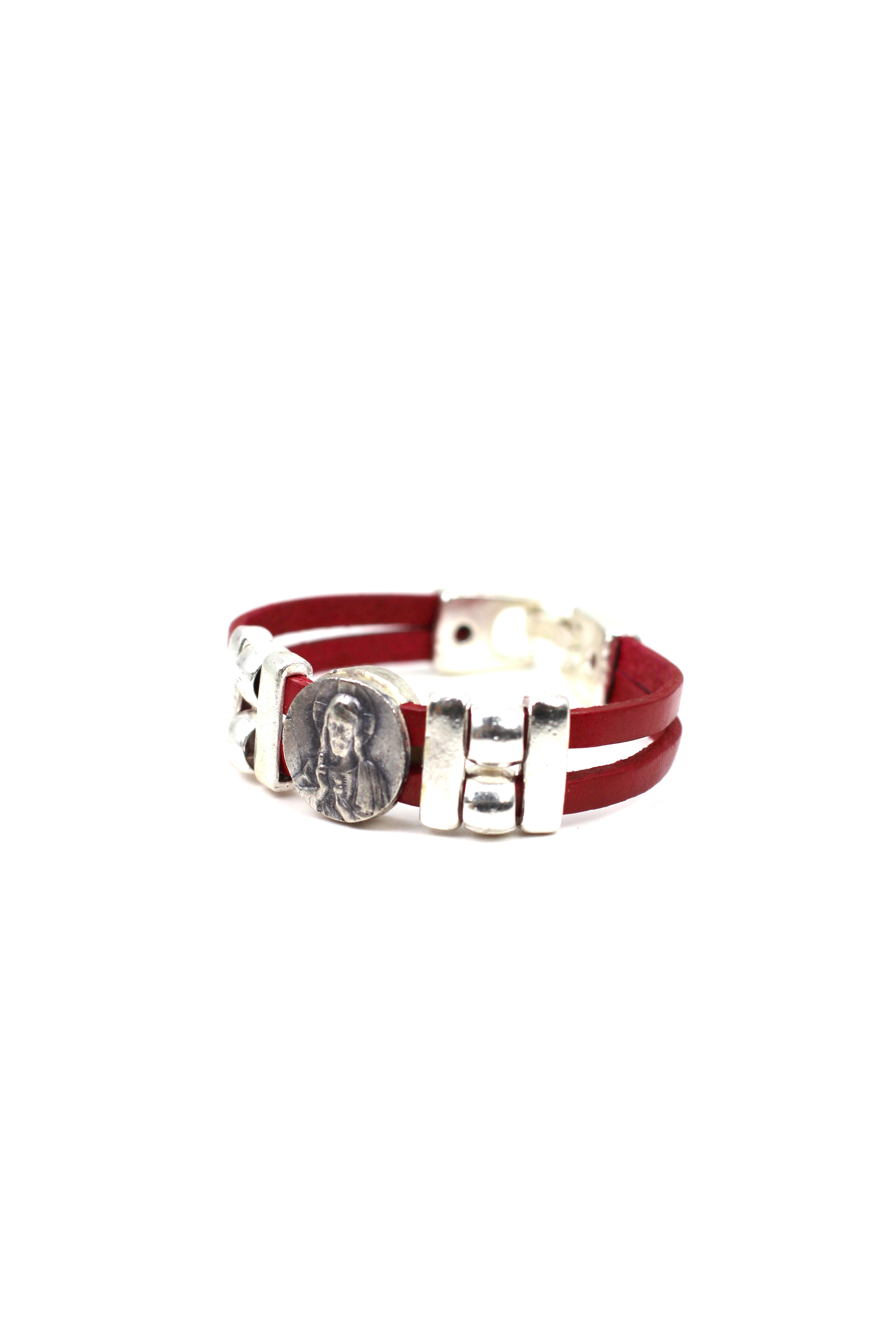Vintage Sacred Heart bracelet handmade jewelry with Genuine Double Leather straps by Graciela's Collection