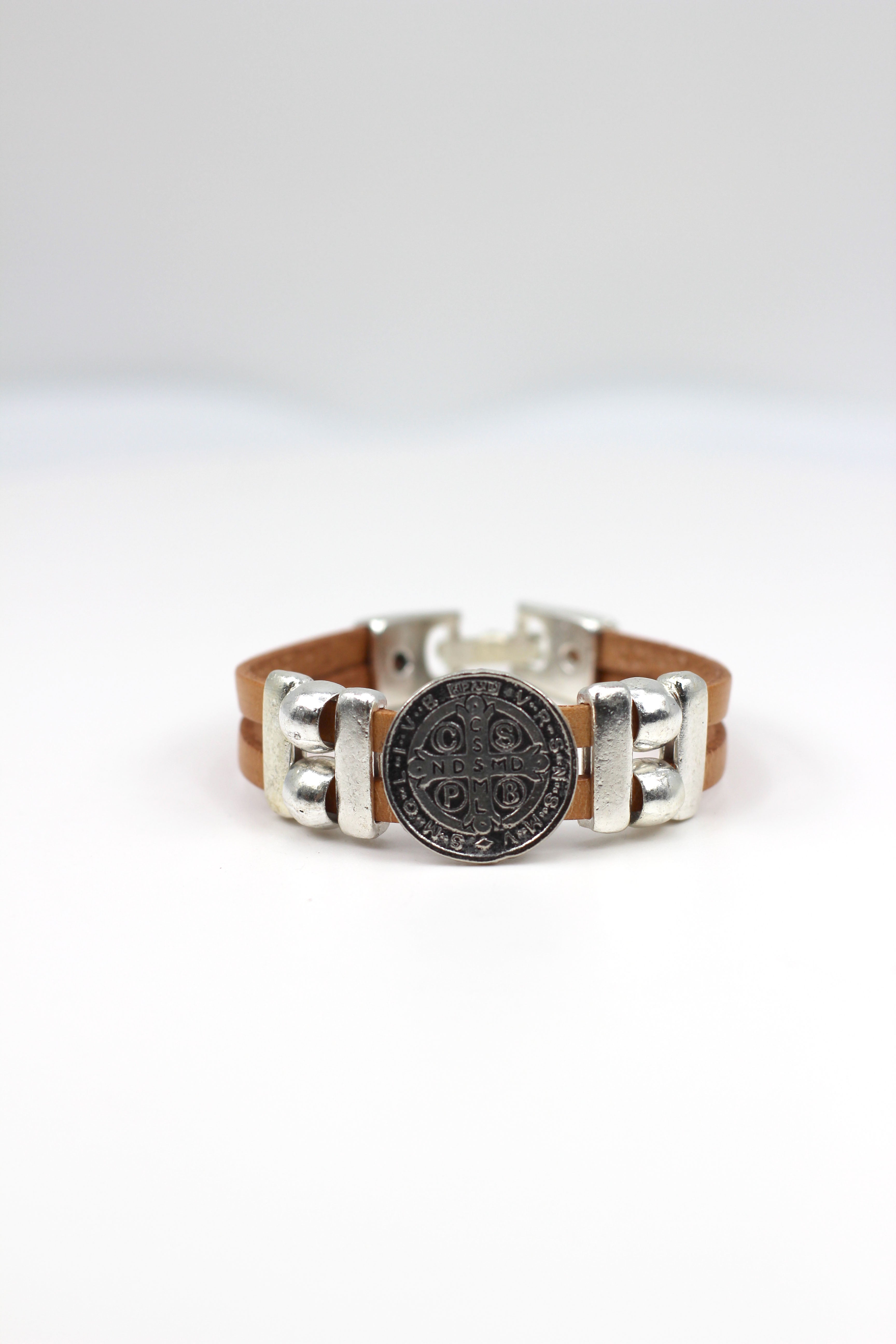 Vintage St. Benedict bracelet handmade jewelry with Double Leather Straps by Graciela's Collection