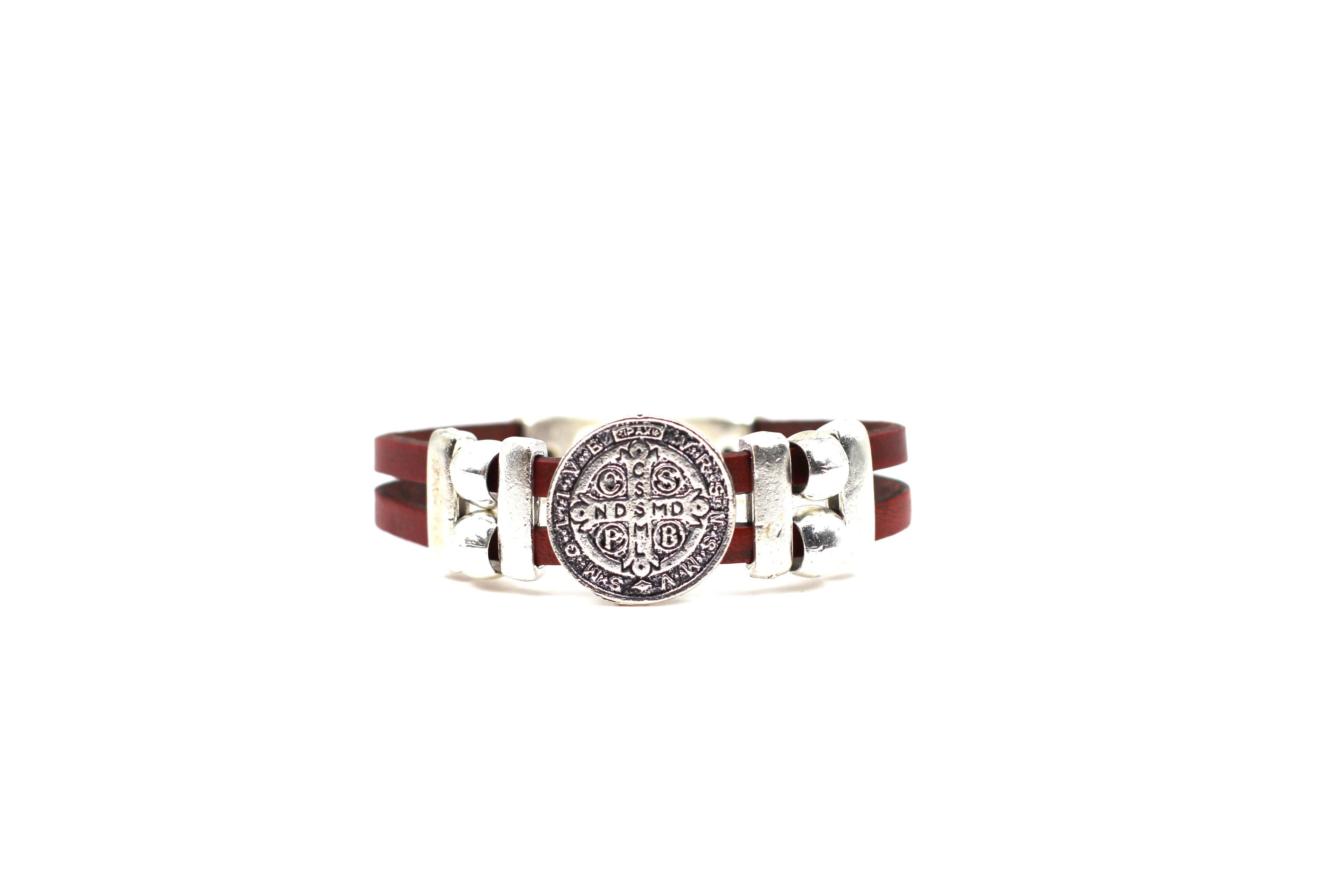 Vintage St. Benedict bracelet handmade jewelry with Double Leather Straps by Graciela's Collection