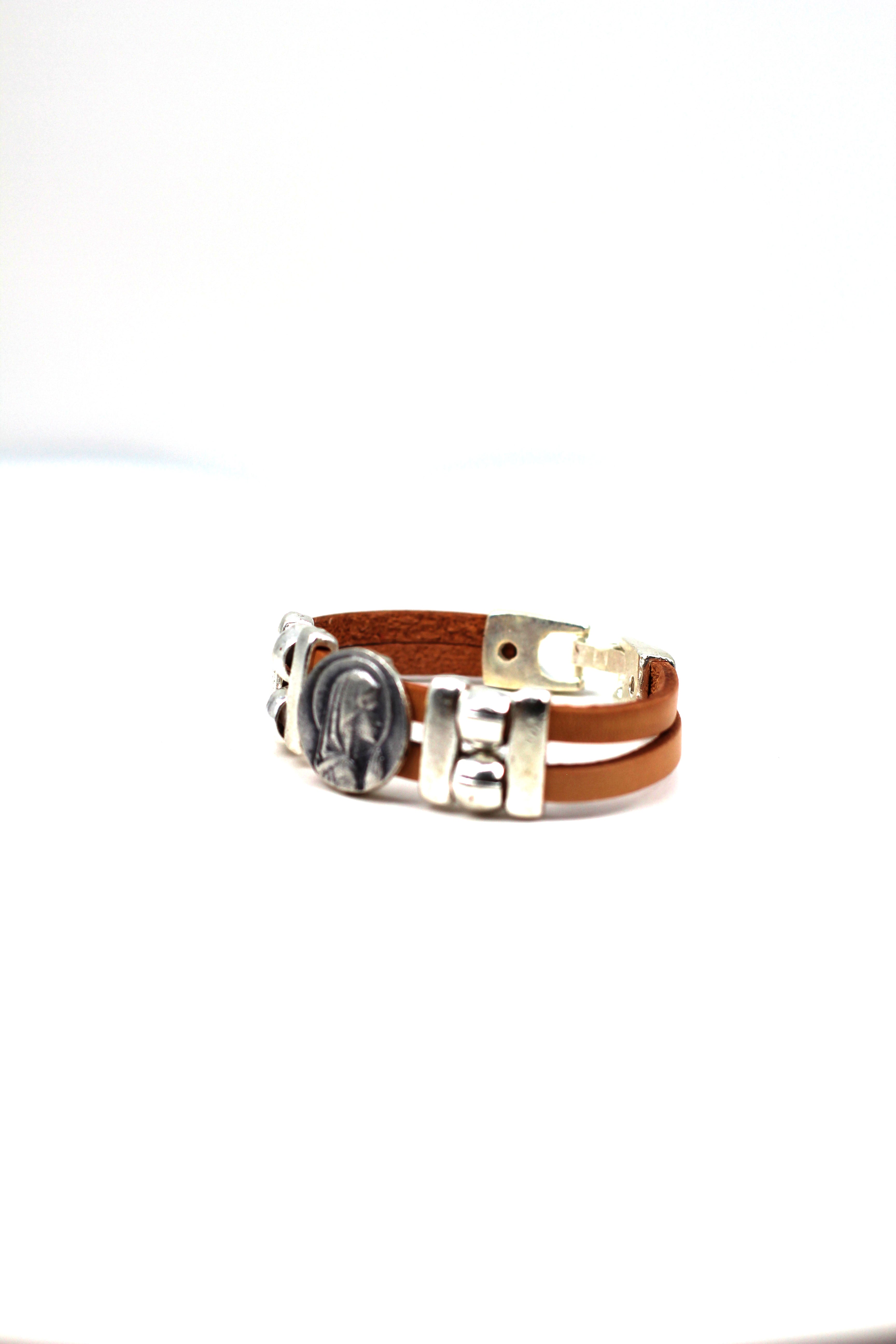 Vintage Virgen Mary bracelet handmade jewelry with Double Leather strap by Graciela's Collection