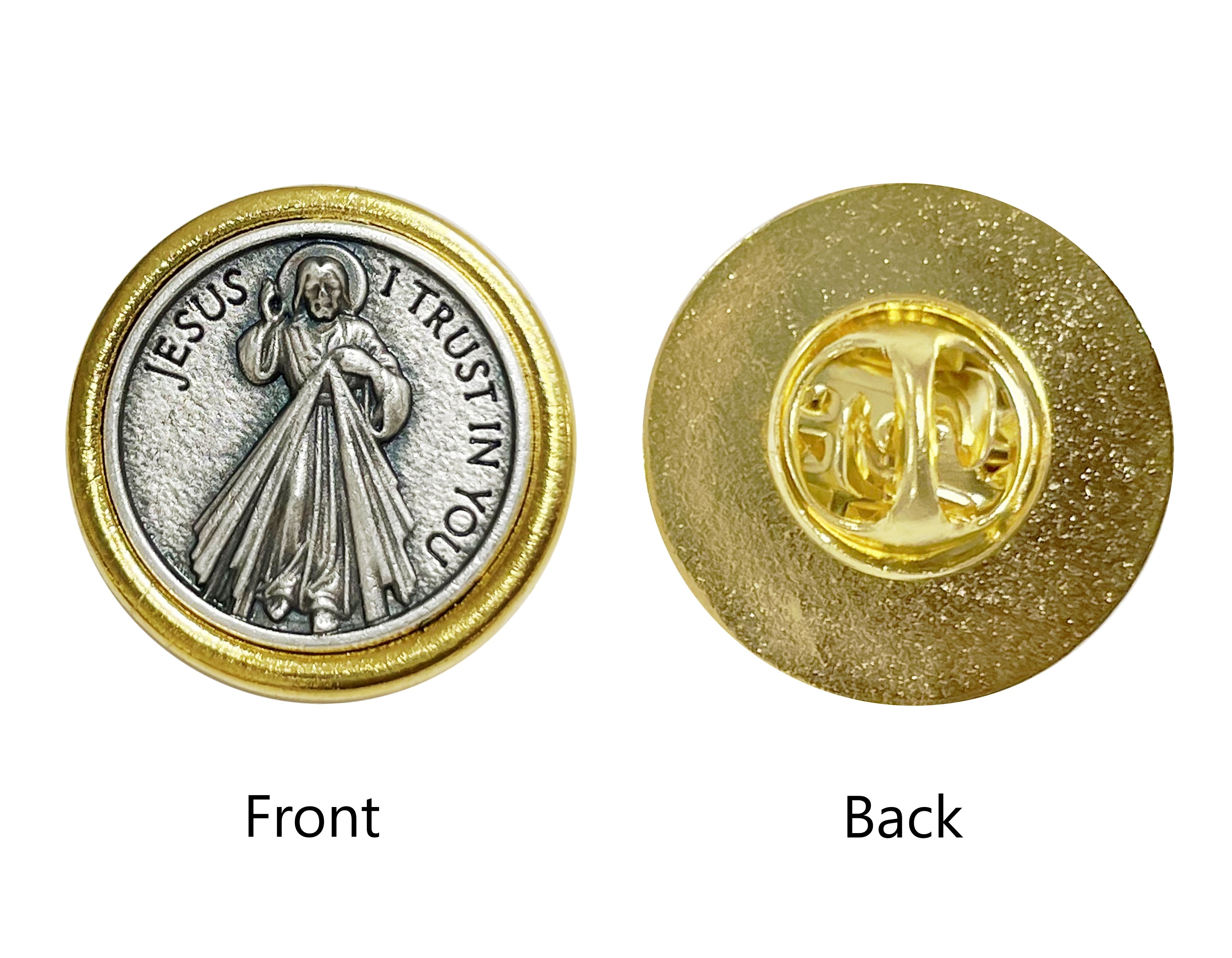 Saints medals round lapel pin golden and oxidized silver