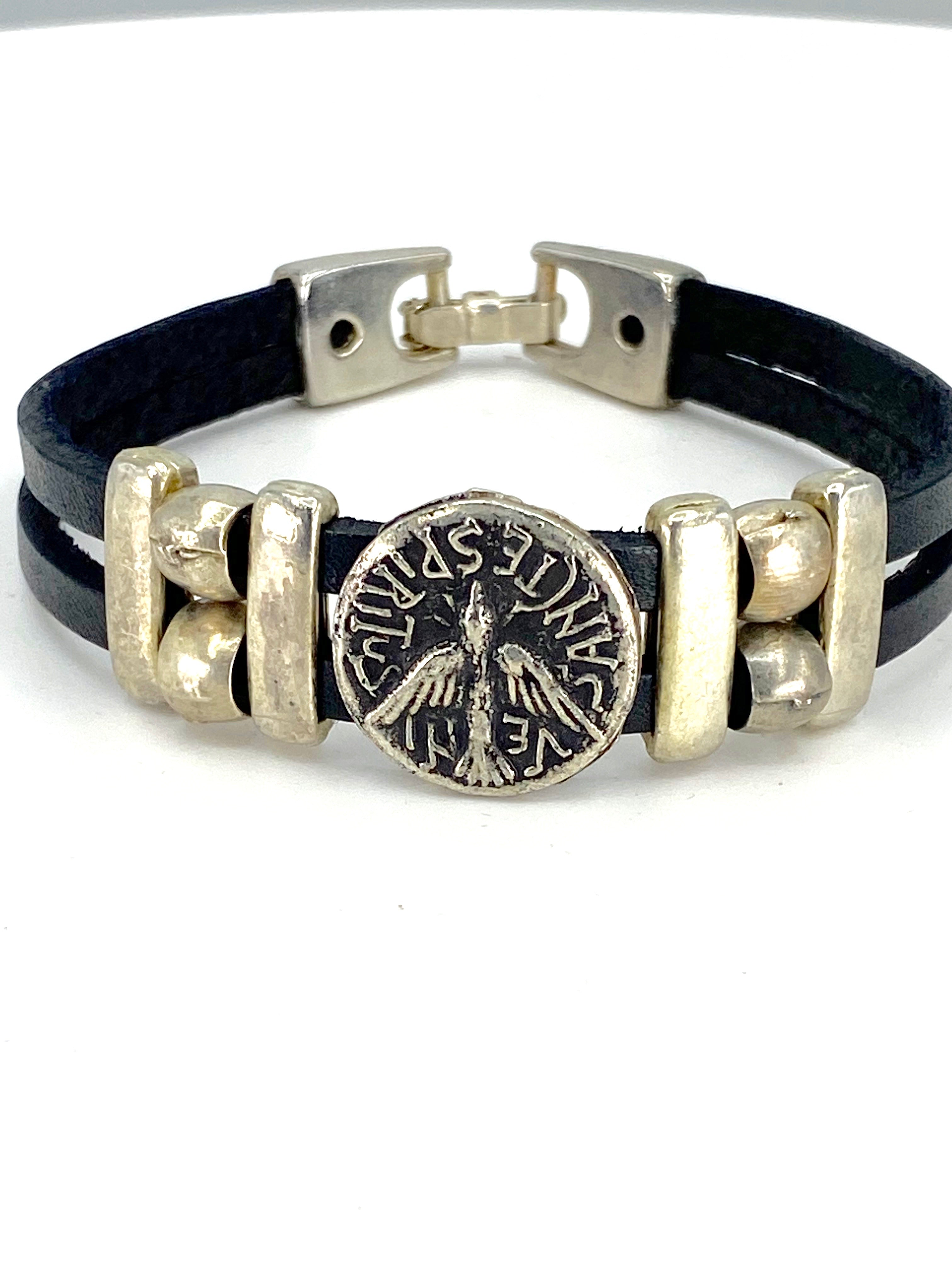 Vintage The Holy Spirit Bracelet handmade jewelry with Leather straps  by Graciela's Collection