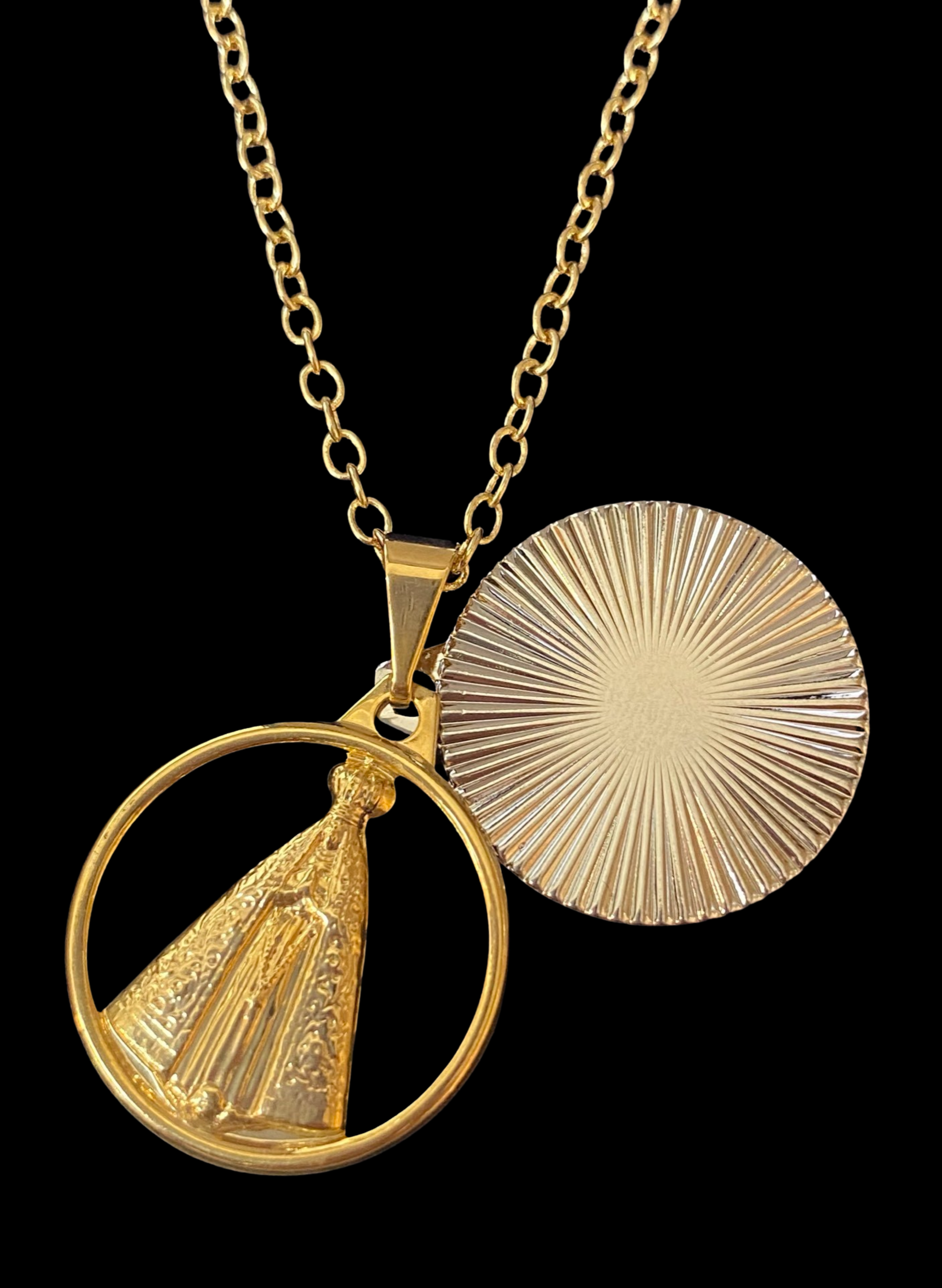 Caridad del Cobre double  medal with chain 18 K Gold Over Sterling Silver