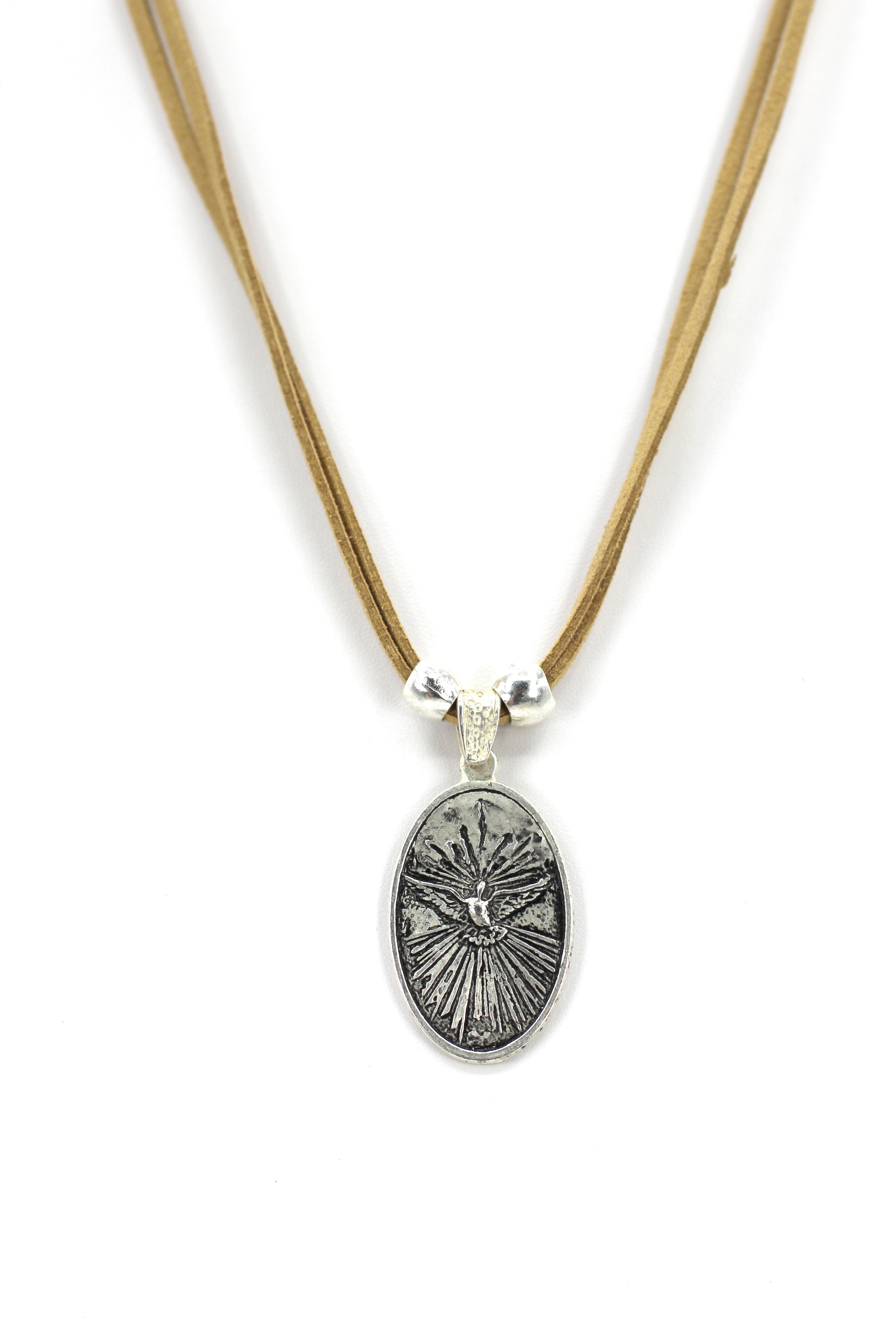 Vintage Necklace of The Sacred Family and The Holy Spirit Handmade Jewelry with Genuine Leather strap by Graciela's Collection