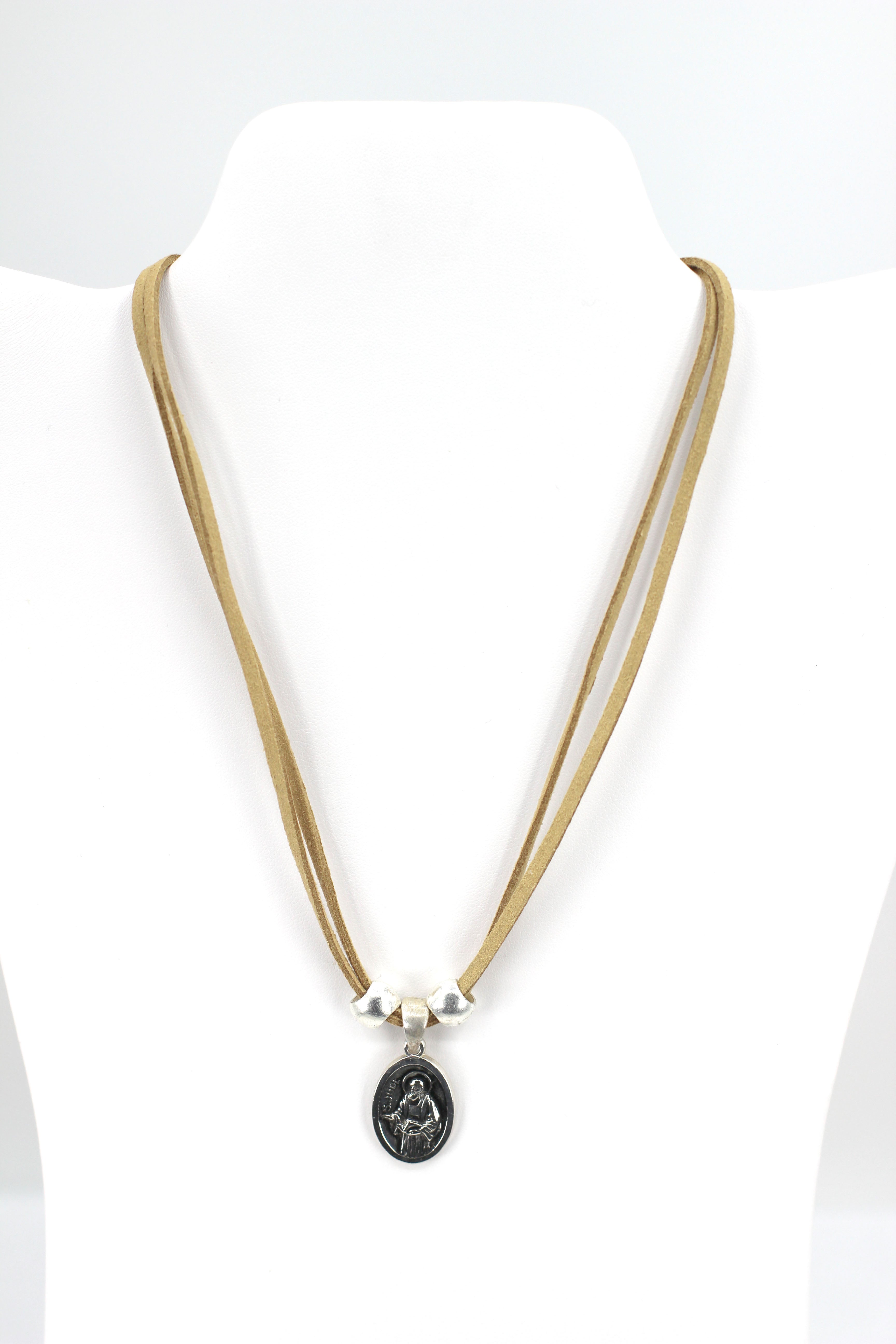 Vintage Necklace of Saint Jude Handmade Jewelry with Genuine Leather strap by Graciela's Collection