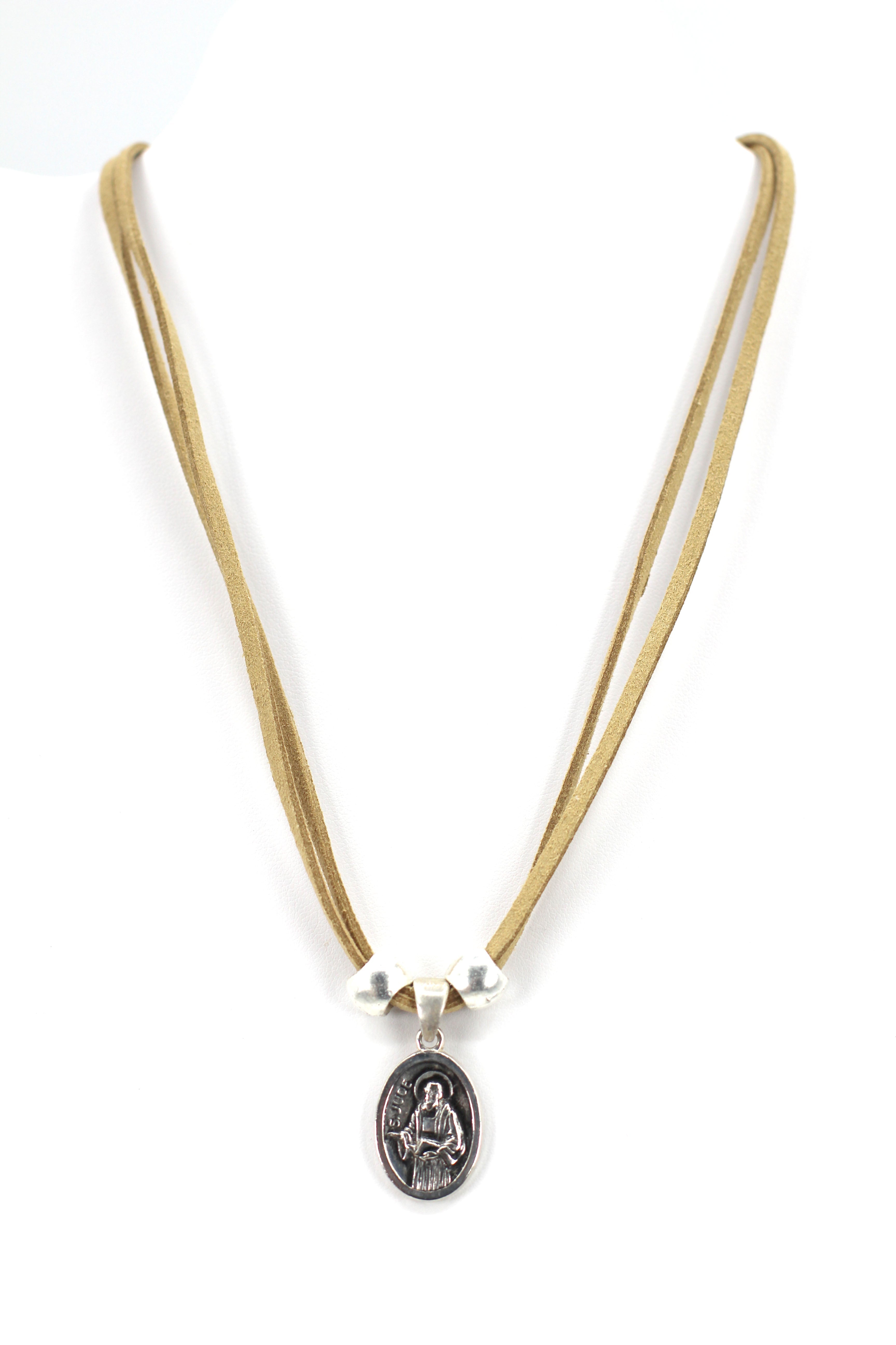 Vintage Necklace of Saint Jude Handmade Jewelry with Genuine Leather strap by Graciela's Collection