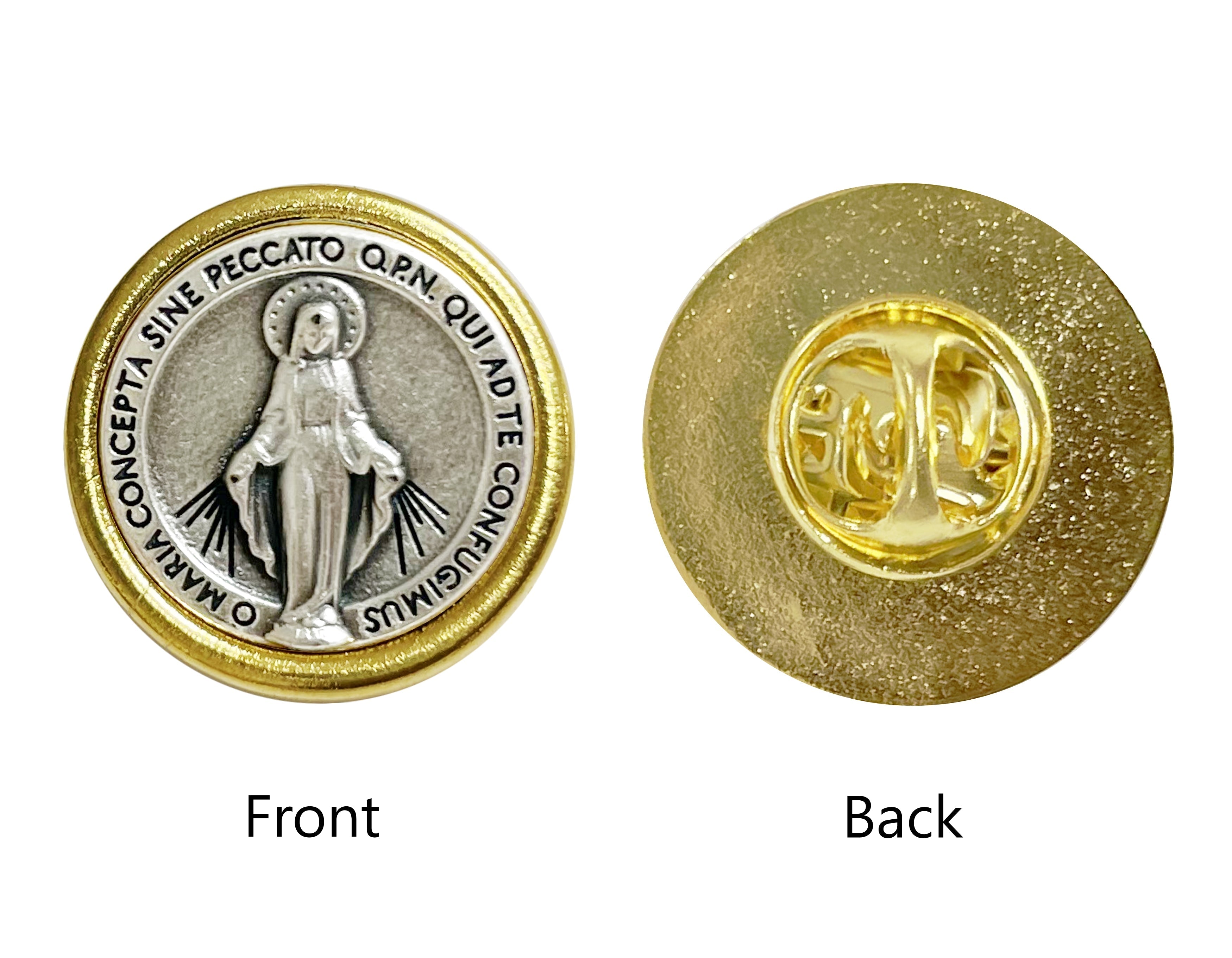 Saints medals round lapel pin golden and oxidized silver
