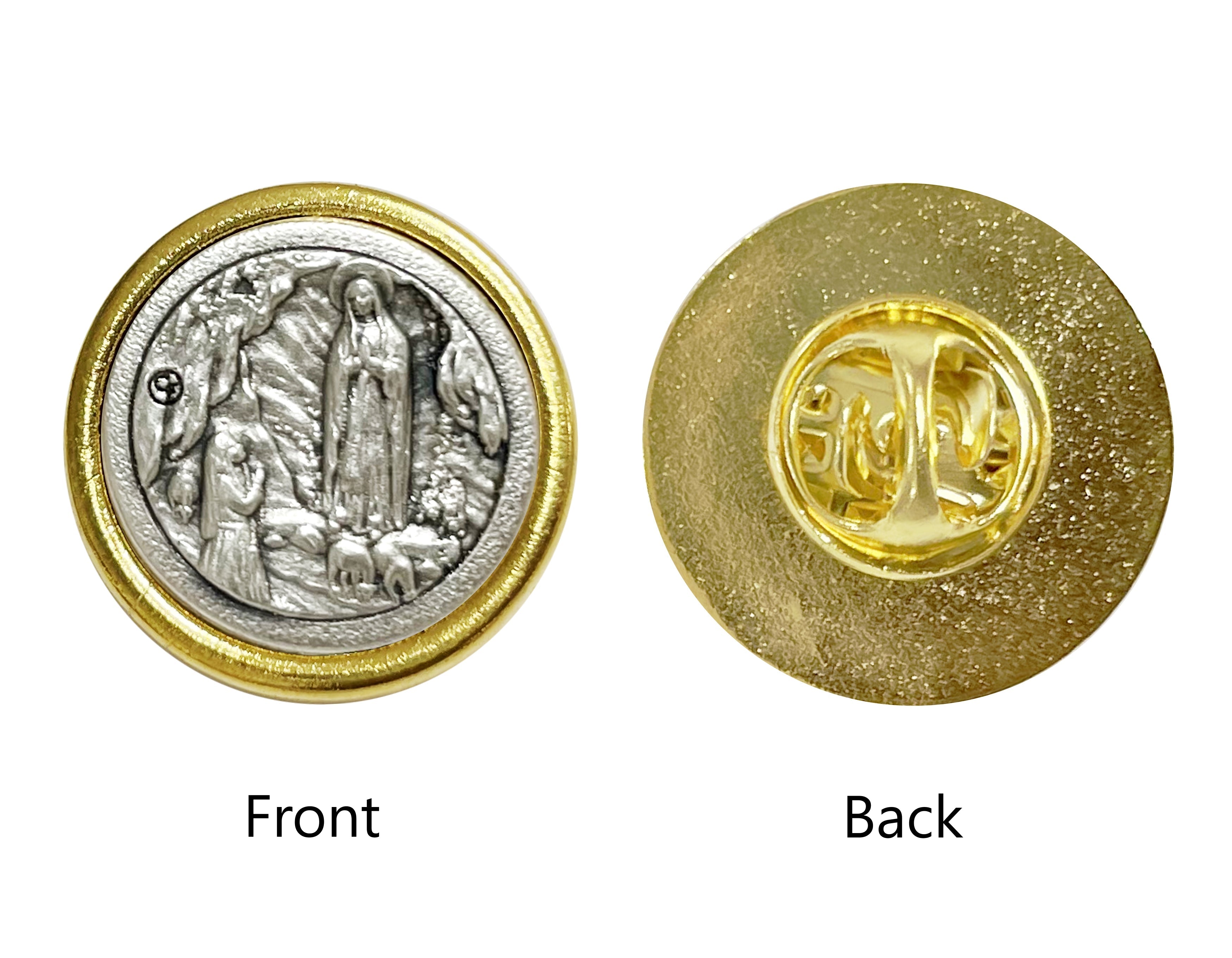 Saints medals round lapel pin golden and oxidized silver