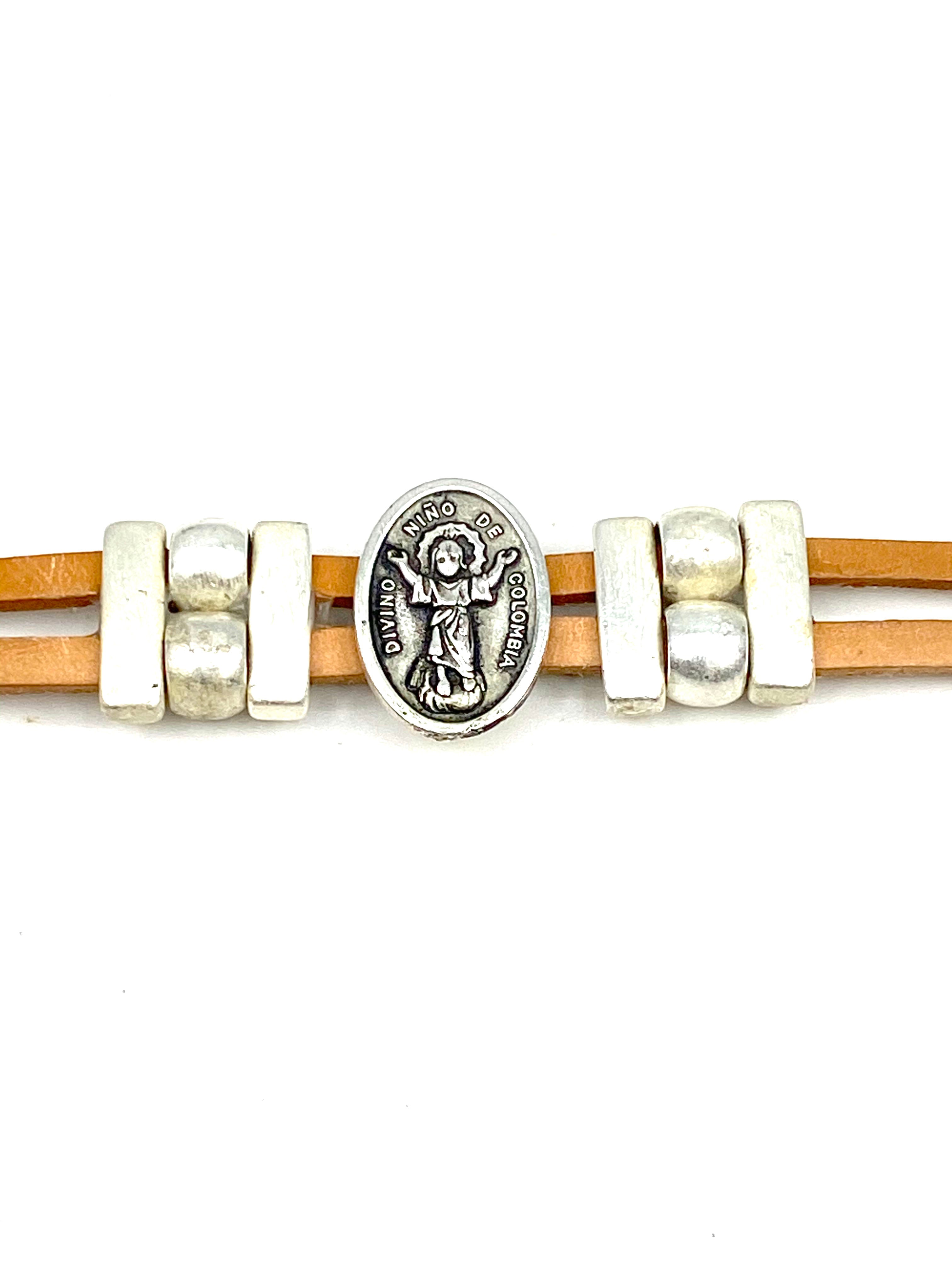Bracelet Divino Nino Jesus bracelet handmade jewelry with Genuine Double Leather straps by Graciela's Collection