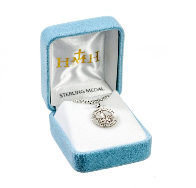 Our Lady of Fatima Round Sterling Silver Medal - Dimensions: 0.7" x 0.6" (18mm x 15mm)